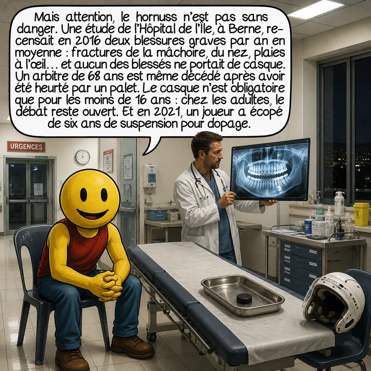 Le hornuss, case 9 : Mais attention, le hornuss n’est pas sans danger. Une étude de l’Hôpital de l’Île, à Berne, recensait en 2016 deux blessures graves par an en moyenne : fractures de la mâchoire, du nez, plaies à l’œil — et aucun des blessés ne portait de casque. Un arbitre de 68 ans est même décédé après avoir été heurté par un palet. Le casque n’est obligatoire que pour les moins de 16 ans : chez les adultes, le débat reste ouvert. Et en 2021, un joueur a écopé de six ans de suspension pour dopage.