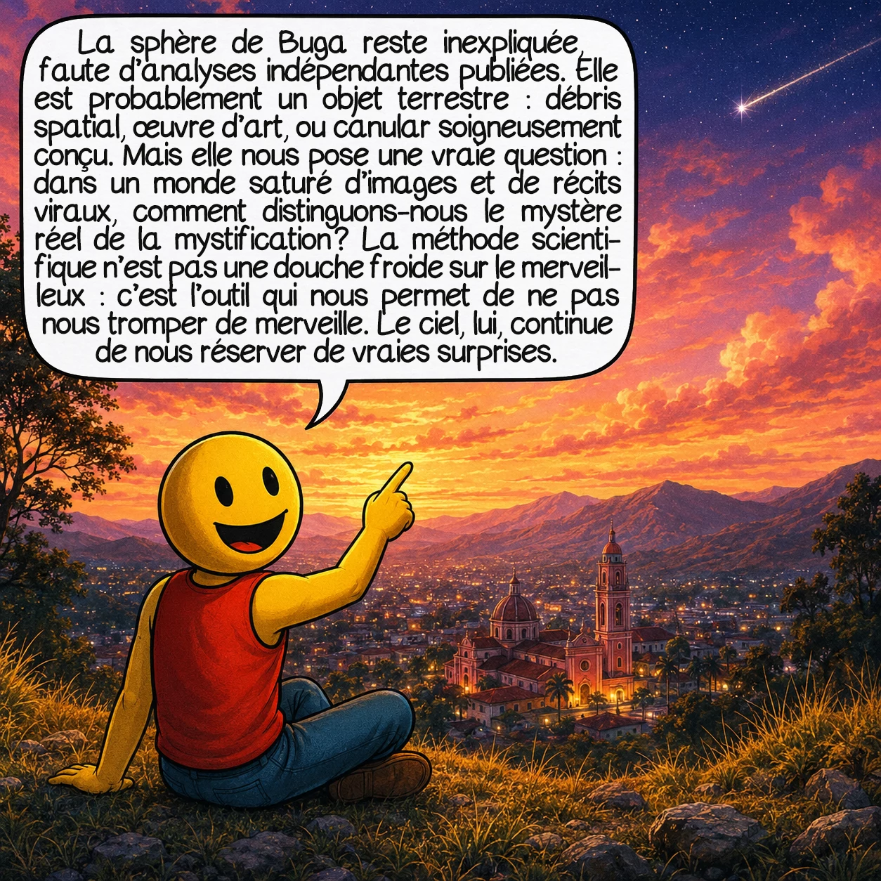 La sphère de Buga, case 10 : La sphère de Buga reste officiellement inexpliquée — faute d’analyses indépendantes publiées. Elle est probablement un objet terrestre : débris spatial, œuvre d’art, ou canular soigneusement conçu. Mais elle nous pose une vraie question : dans un monde saturé d’images et de récits viraux, comment distinguons-nous le mystère réel de la mystification ? La méthode scientifique n’est pas une douche froide sur le merveilleux — c’est l’outil qui nous permet de ne pas nous tromper de merveille. Le ciel, lui, continue de nous réserver de vraies surprises.