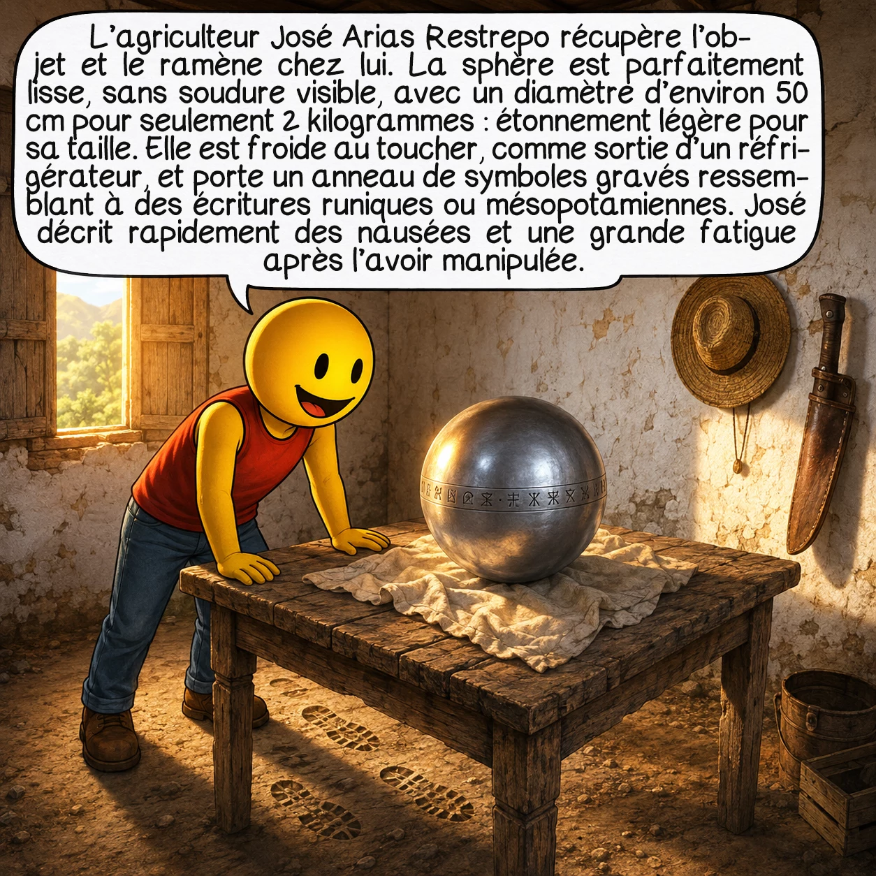 La sphère de Buga, case 2 : L’agriculteur José Arias Restrepo récupère l’objet et le ramène chez lui. La sphère est parfaitement lisse, sans soudure visible, avec un diamètre d’environ 50 cm pour seulement 2 kilogrammes : étonnement légère pour sa taille. Elle est froide au toucher, comme sortie d’un réfrigérateur, et porte un anneau de symboles gravés ressemblant à des écritures runiques ou mésopotamiennes. José décrit rapidement des nausées et une grande fatigue après l’avoir manipulée.