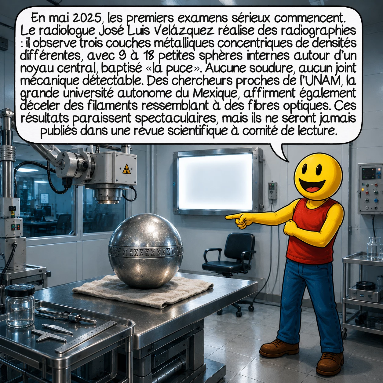 La sphère de Buga, case 3 : En mai 2025, les premiers examens sérieux commencent. Le radiologue José Luis Velázquez réalise des radiographies : il observe trois couches métalliques concentriques de densités différentes, avec 9 à 18 petites sphères internes autour d’un noyau central — baptisé « la puce ». Aucune soudure, aucun joint mécanique détectable. Des chercheurs proches de l’UNAM, la grande université autonome du Mexique, affirment également déceler des filaments ressemblant à des fibres optiques. Ces résultats paraissent spectaculaires — mais ils ne seront jamais publiés dans une revue scientifique à comité de lecture.