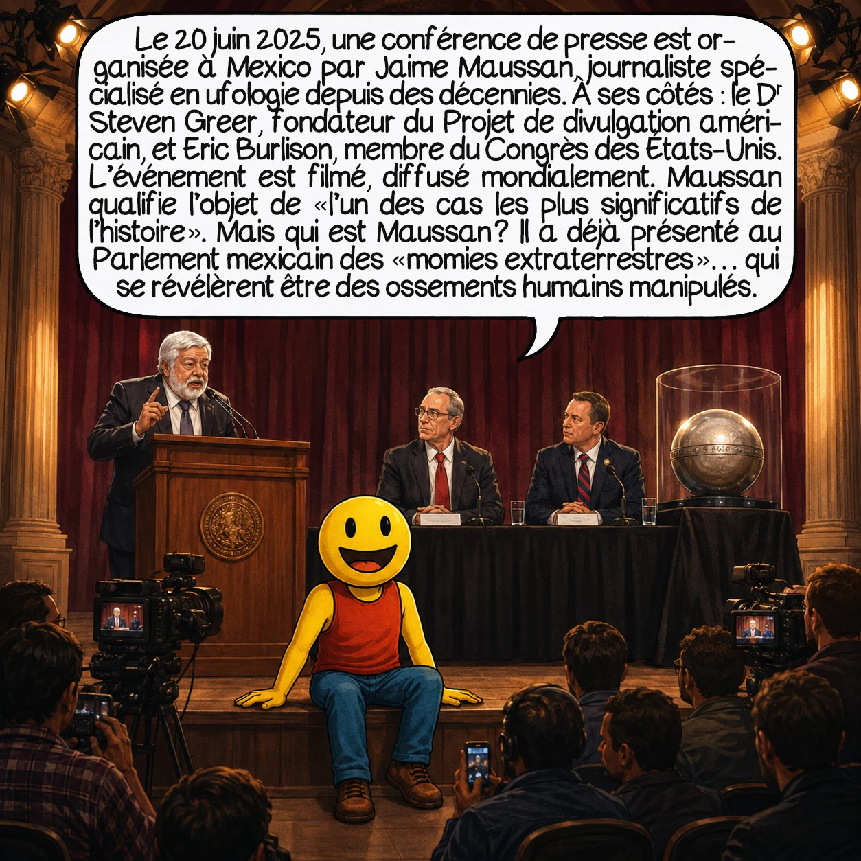 La sphère de Buga, case 4 : Le 20 juin 2025, une conférence de presse internationale est organisée à Mexico par Jaime Maussan — journaliste mexicain spécialisé en ufologie depuis des décennies. À ses côtés : le Dr Steven Greer, fondateur du Disclosure Project américain, et Eric Burlison, membre du Congrès des États-Unis. L’événement est filmé, diffusé mondialement. Maussan qualifie l’objet de « l’un des cas les plus significatifs de l’histoire ». Mais qui est Maussan ? Un homme qui a déjà présenté au Parlement mexicain des « momies extraterrestres » — qui se révélèrent être des ossements humains manipulés.