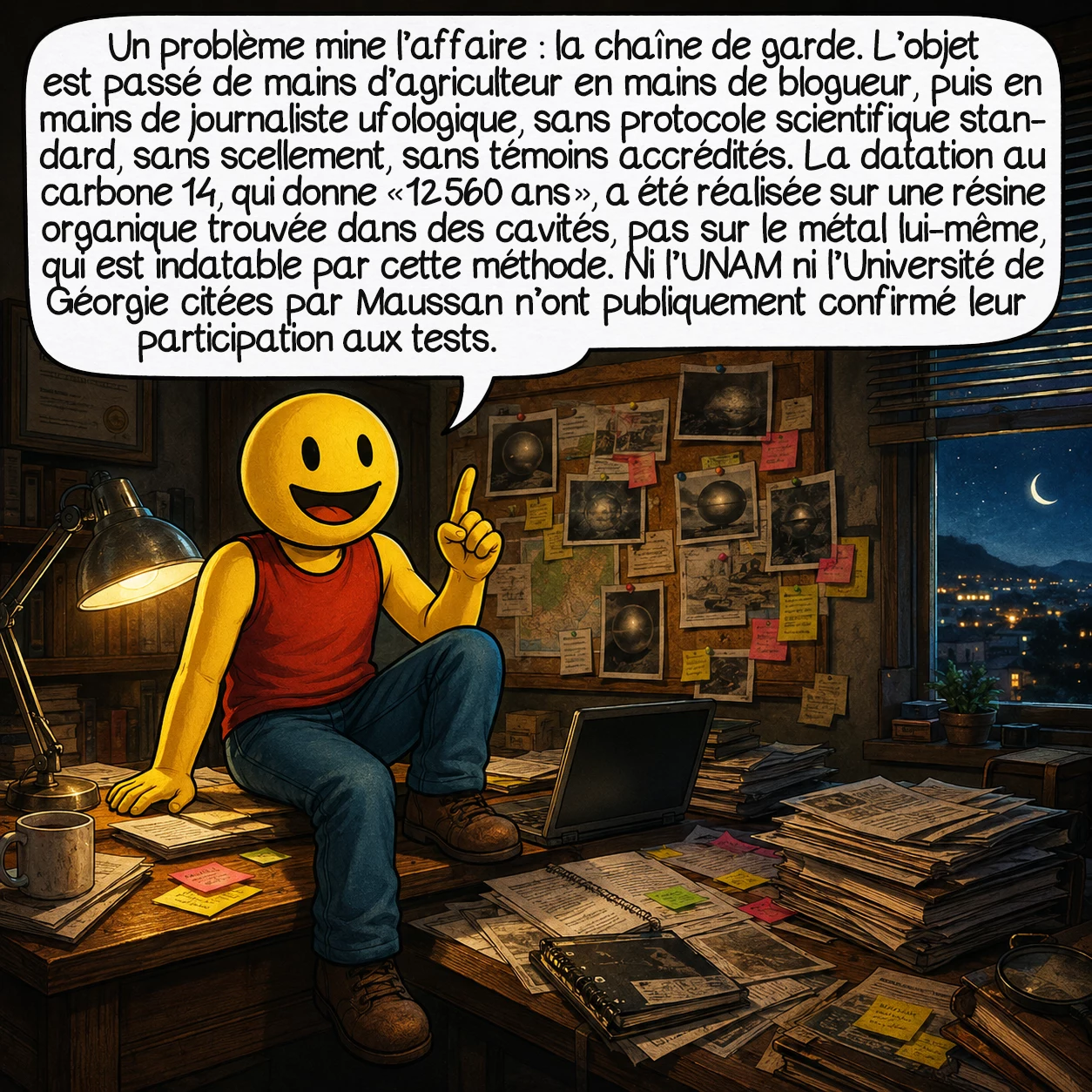 La sphère de Buga, case 6 : Un problème fondamental mine toute l’affaire : la chaîne de garde. L’objet est passé de mains d’agriculteur en mains de blogueur, puis en mains de journaliste ufologique — sans protocole scientifique standard, sans scellement, sans témoins accrédités. La datation au carbone 14, qui donne « 12 560 ans », a été réalisée sur une résine organique trouvée dans des cavités — pas sur le métal lui-même, qui est indatable par cette méthode. Ni l’UNAM ni l’Université de Géorgie citées par Maussan n’ont publiquement confirmé leur participation aux tests.