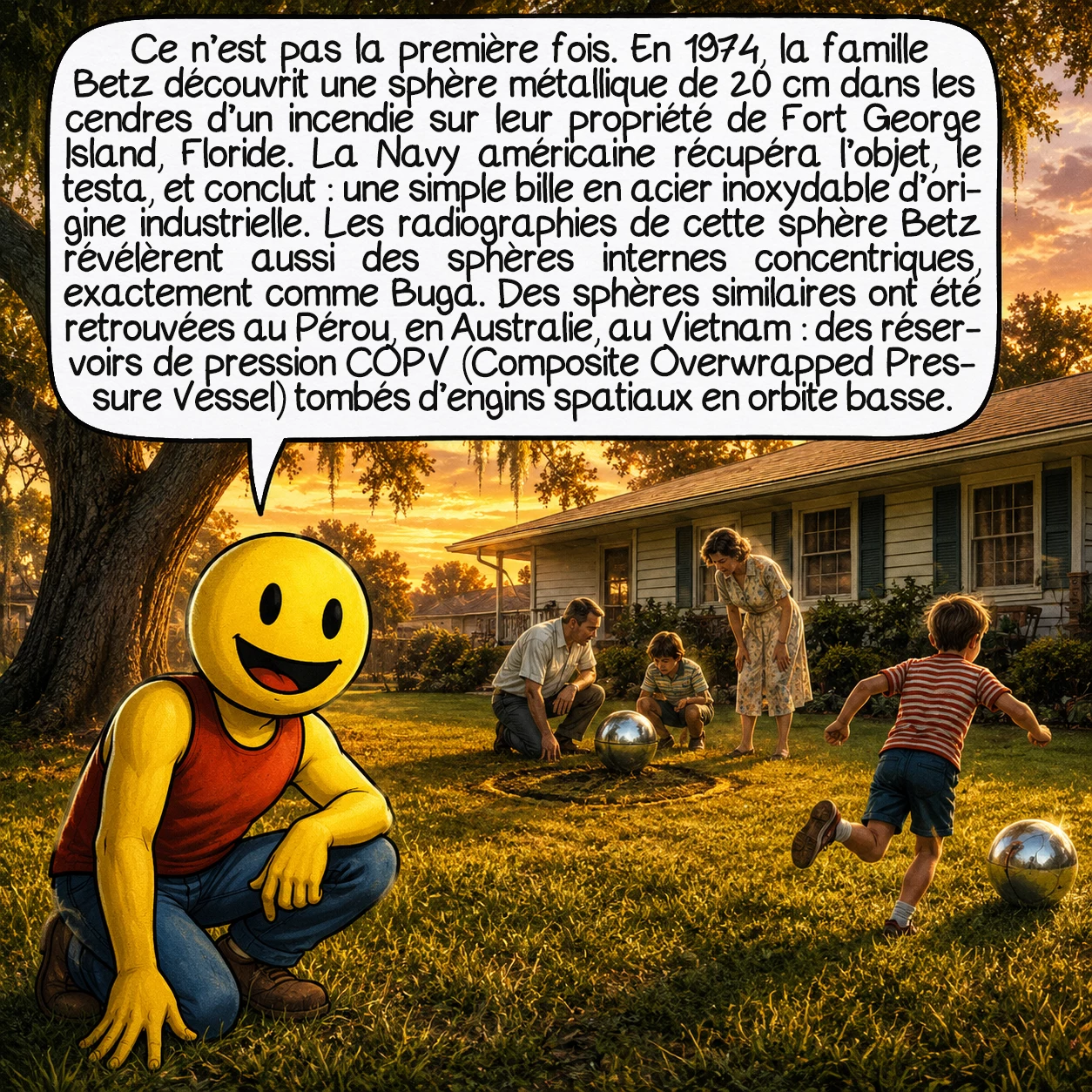 La sphère de Buga, case 7 : Ce n’est pas la première fois. En 1974, la famille Betz découvrit une sphère métallique de 20 cm dans les cendres d’un incendie sur leur propriété de Fort George Island, Floride. La Navy américaine récupéra l’objet, le testa, et conclut : une simple bille en acier inoxydable d’origine industrielle. Les radiographies de cette sphère Betz révélèrent aussi des sphères internes concentriques — exactement comme Buga. Des sphères similaires ont été retrouvées au Pérou, en Australie, au Vietnam : des réservoirs de pression COPV (Composite Overwrapped Pressure Vessel) tombés d’engins spatiaux en orbite basse.