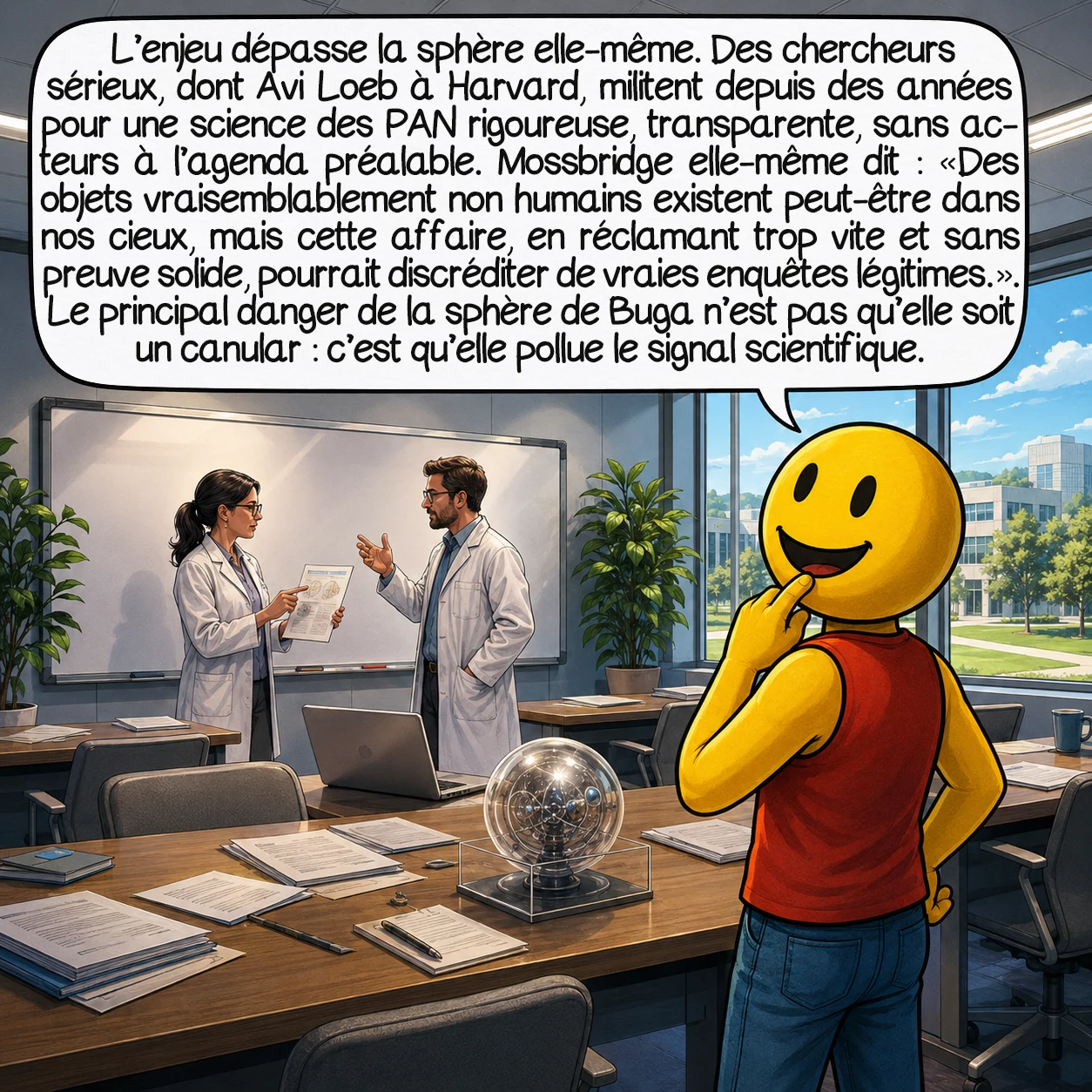 La sphère de Buga, case 9 : L’enjeu dépasse la sphère elle-même. Des chercheurs sérieux — dont Avi Loeb à Harvard avec son Galileo Project — militent depuis des années pour une science des PAU (phénomènes aériens non identifiés) rigoureuse, transparente, sans acteurs à l’agenda préalable. Mossbridge elle-même dit : « Des objets vraisemblablement non humains existent peut-être dans nos cieux. Mais cette affaire, en réclamant trop vite et sans preuve solide, pourrait discréditer de vraies enquêtes légitimes. » Le principal danger de la sphère de Buga n’est peut-être pas qu’elle soit un canular — c’est qu’elle pollue le signal scientifique.