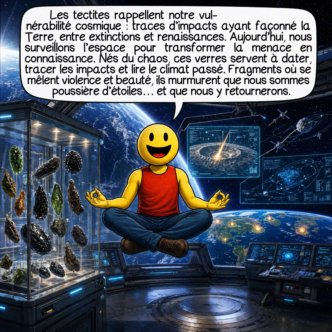 Les tectites, case 10 : Les tectites nous rappellent notre vulnérabilité cosmique : témoins d’impacts qui ont sculpté l’évolution terrestre, parfois déclenchant extinctions massives, parfois créant conditions pour nouvelle vie. Aujourd’hui, nous scrutons l’espace pour prévenir le prochain impact, transformant la menace en connaissance. Ces verres nés du chaos sont devenus des outils scientifiques précieux : datation géologique, traceurs d’impacts, archives climatiques. Fragments où se rencontrent violence cosmique et beauté minérale, science et spiritualité, destruction et renaissance… Ultimes messagères nous murmurant : nous sommes poussière d’étoiles, et poussière nous redeviendrons.