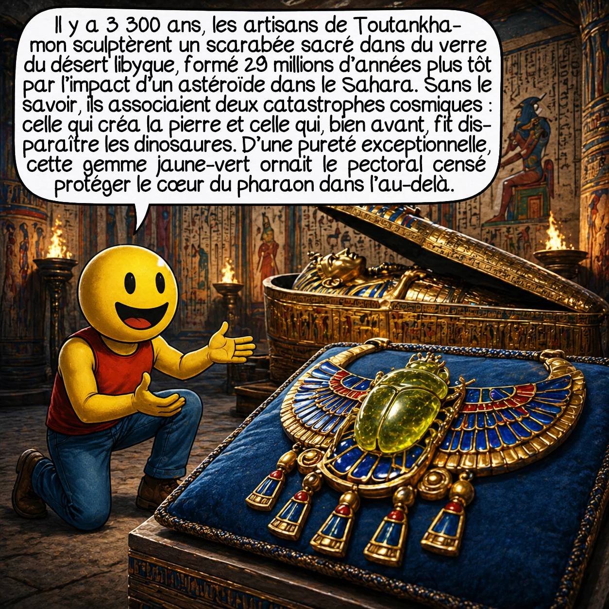 Les tectites, case 2 : Il y a 3300 ans, les artisans de Toutankhamon taillèrent un scarabée sacré dans du verre du désert libyque, une tectite formée il y a 29 millions d’années par l’impact d’un astéroïde dans le Sahara. Sans le savoir, ils unissaient dans ce bijou royal deux catastrophes cosmiques : celle qui créa la pierre, et celle qui, 65 millions d’années plus tôt, avait éteint les dinosaures. Cette gemme jaune-vert, plus pure que n’importe quel verre antique, était si précieuse qu’elle ornait le pectoral protégeant le cœur du pharaon dans l’au-delà.