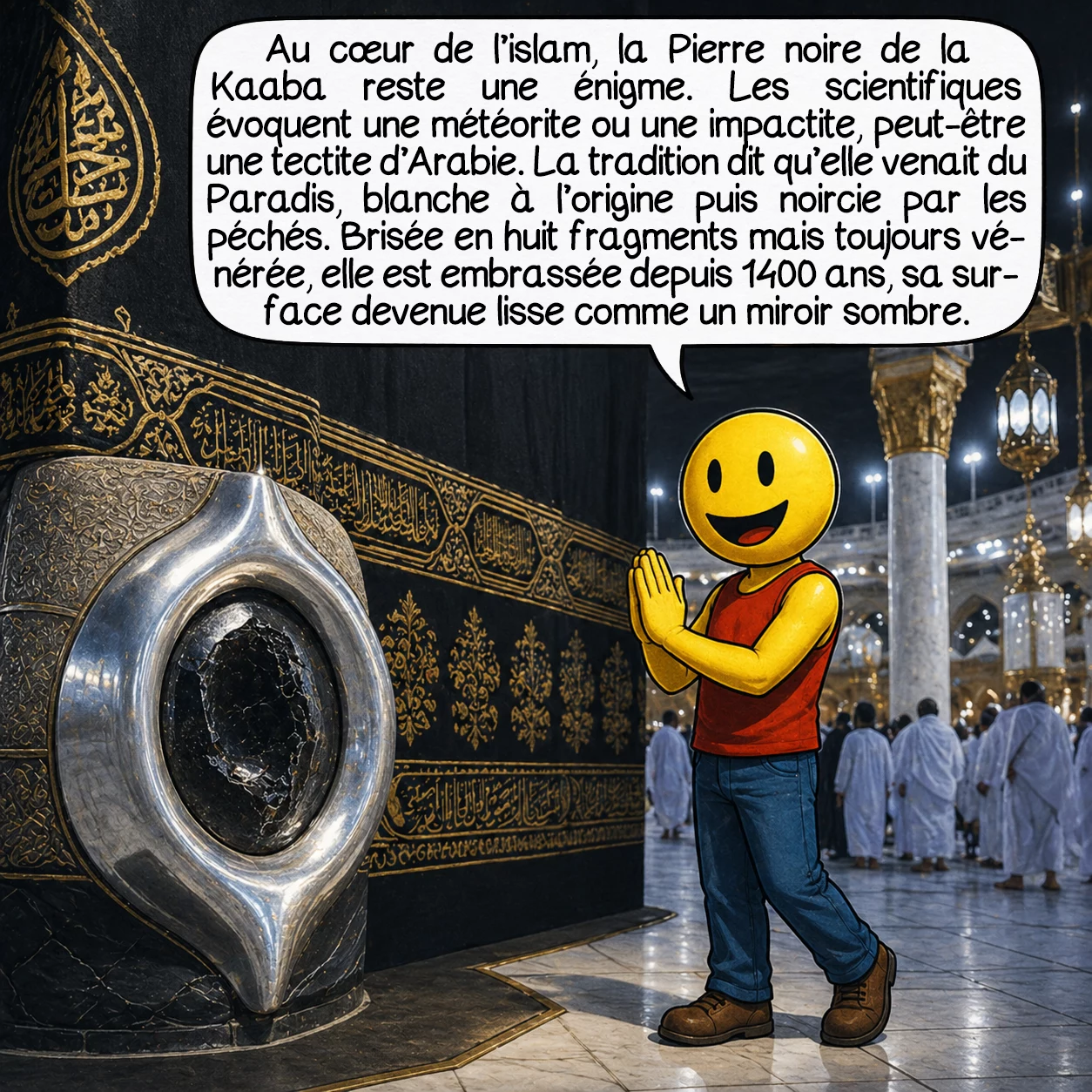 Les tectites, case 3 : Au cœur de l’Islam, la Pierre noire de la Kaaba reste l’une des énigmes les plus fascinantes. Certains scientifiques suggèrent qu’il s’agit d’une météorite ou d’une impactite, peut-être une tectite du désert d’Arabie. La tradition islamique raconte qu’elle descendit du Paradis, blanche comme neige, avant de noircir en absorbant les péchés humains. Fragmentée en huit morceaux, mais toujours vénérée, elle a été embrassée par des millions de pèlerins depuis 1400 ans, usant sa surface, jusqu’à la rendre lisse comme un miroir sombre.