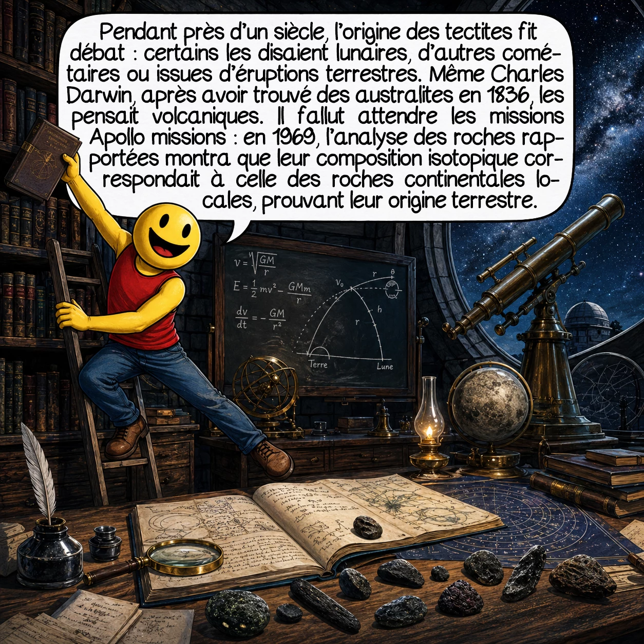 Les tectites, case 4 : Pendant un siècle, les scientifiques débattirent passionnément de l’origine des tectites. Théorie lunaire : des volcans ou impacts sur la Lune les auraient propulsées vers la Terre ! Théorie cométaire : fragments de comètes vitreuses ! Théorie terrestre : éruptions volcaniques explosives ! Charles Darwin lui-même, trouvant des australites en 1836, les crut volcaniques. Seules les missions Apollo, en rapportant de vraies roches lunaires pour comparaison, prouvèrent définitivement en 1969 que les tectites étaient terrestres, leur composition isotopique identique aux roches continentales locales.