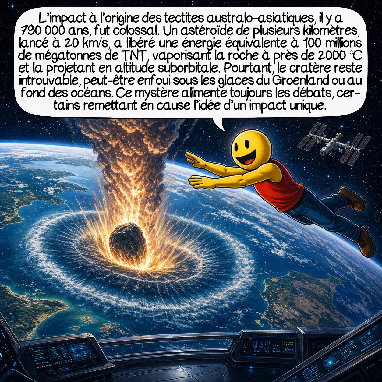 Les tectites, case 5 : L’impact qui créa les tectites australo-asiatiques il y a 790 000 ans fut apocalyptique ! Un astéroïde de plusieurs kilomètres frappant à 20 km/seconde libère l’énergie de 100 millions de mégatonnes de TNT. La roche terrestre est instantanément vaporisée jusqu’à 2000 °C, projetée en altitude suborbitale. Le mystère persiste : où est le cratère ? Les scientifiques le cherchent toujours, peut-être sous les glaciers du Groenland ou dans les profondeurs océaniques. Cette absence alimente théories et controverses, certains remettant même en question un impact unique.