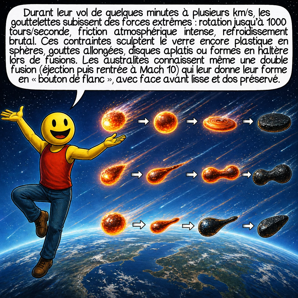 Les tectites, case 6 : Durant leur vol de quelques minutes à plusieurs km/s, les gouttelettes subissent des forces extraordinaires ! Rotation jusqu’à 1000 tours/seconde, friction atmosphérique intense, refroidissement brutal… Ces forces sculptent le verre encore plastique : sphères parfaites, gouttes allongées, disques aplatis, formes en haltère quand deux gouttes fusionnent. Les australites subissent même une double fusion : éjection initiale, puis re-fusion frontale lors de la rentrée atmosphérique à Mach 10, créant leur forme unique en « bouton de flanc » avec face avant lisse et dos préservant les sculptures originales.
