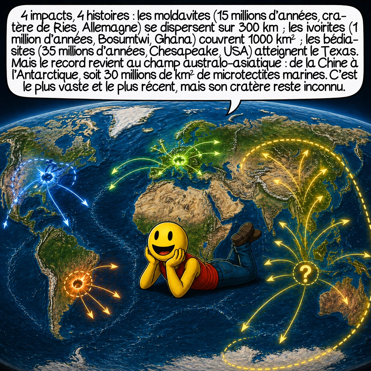 Les tectites, case 7 : Quatre impacts, quatre histoires ! Les moldavites (15 millions d’années, cratère de Ries, Allemagne) : dispersion sur 300 km. Les ivoirites (1 million d’années, cratère Bosumtwi, Ghana) : champ compact de 1000 km². Les bédiasites (35 millions d’années, cratère Chesapeake, É.-U.) : retrouvées jusqu’au Texas. Mais le champion reste le champ australo-asiatique : de la Chine à l’Antarctique, 30 millions de km² ! Des microtectites dans les sédiments océaniques tracent cette dispersion titanesque. Paradoxe fascinant : c’est le plus vaste, le plus récent, mais son cratère reste introuvable !