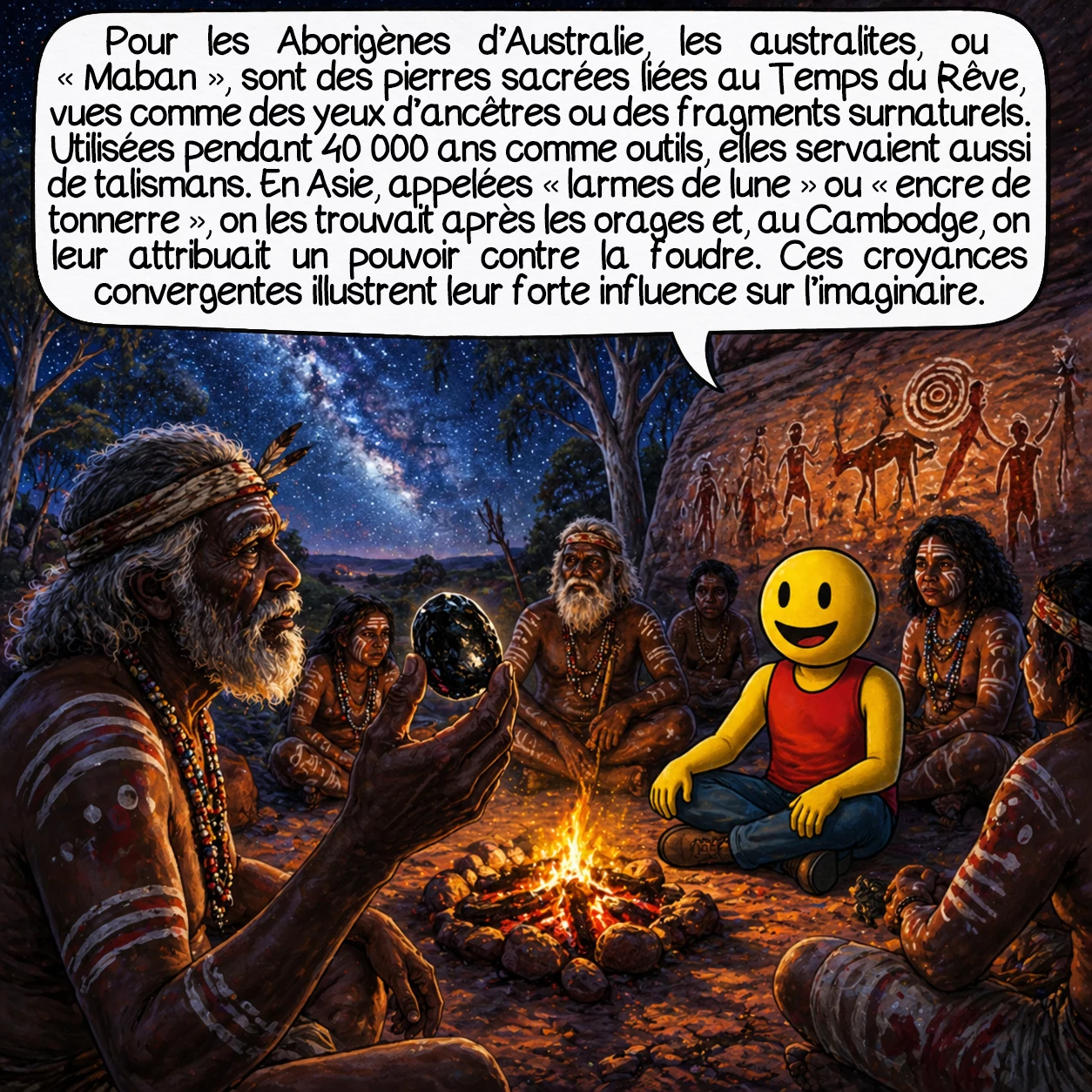 Les tectites, case 8 : Pour les Aborigènes d’Australie, les australites sont « Maban », pierres de pouvoir liées au Temps du Rêve. Elles seraient les yeux pétrifiés d’ancêtres célestes ou fragments d’êtres surnaturels. Utilisées comme outils tranchants pendant 40 000 ans, elles servaient aussi de talismans pour les hommes-médecine. En Asie, on les appelait « larmes de lune » ou « encre de tonnerre », trouvées dans les rizières après les orages. Les Cambodgiens croyaient qu’elles protégeaient des éclairs. Cette convergence mondiale de croyances révèle combien ces pierres ont marqué l’imaginaire humain.