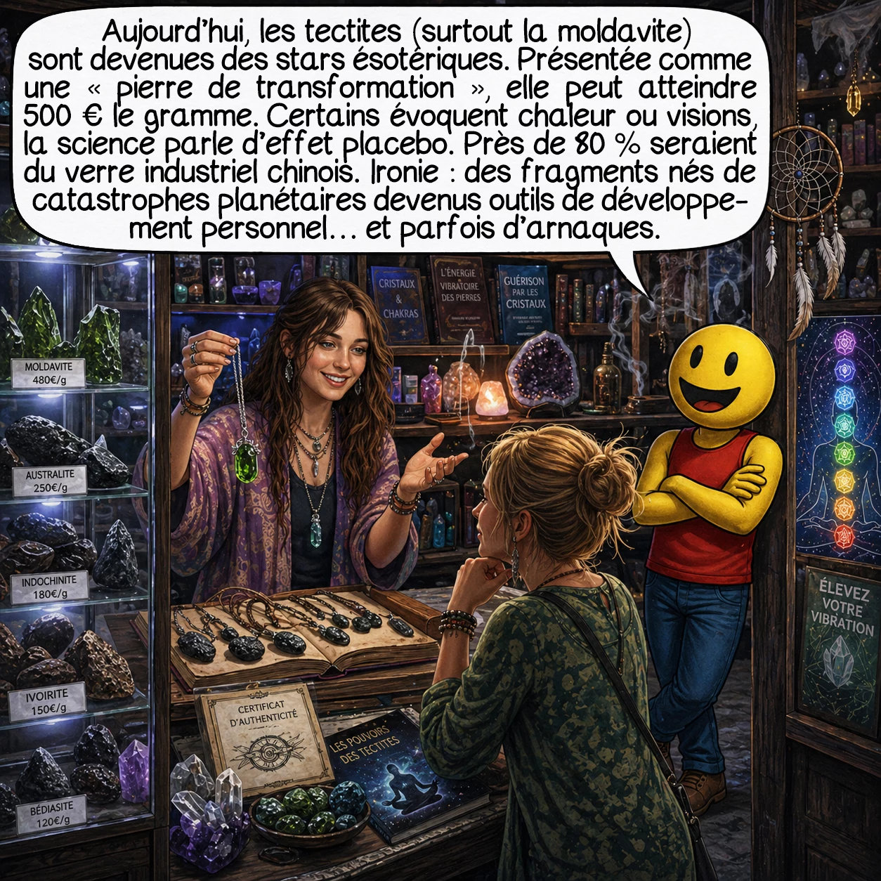 Les tectites, case 9 : Aujourd’hui, les tectites sont stars du marché ésotérique ! La moldavite surtout : « pierre de transformation », « cristal extraterrestre », censée ouvrir le chakra du cœur et accélérer l’évolution spirituelle. Prix explosés : jusqu’à 500 € le gramme pour les plus belles ! Certains jurent ressentir chaleur, picotements, visions… Science dit : effet placebo. Mais l’engouement génère un problème : 80 % des « moldavites » vendues sont du verre industriel chinois ! Ironie cosmique : des pierres nées de catastrophes planétaires devenues symboles de développement personnel et… d’arnaques commerciales.