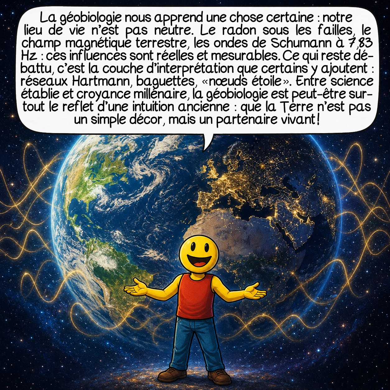 La géobiologie, case 10 : La géobiologie nous apprend une chose certaine : notre lieu de vie n’est pas neutre. Le radon sous les failles, le champ magnétique terrestre, les ondes de Schumann à 7,83 Hz : ces influences sont réelles et mesurables. Ce qui reste débattu, c’est la couche d’interprétation que certains y ajoutent : réseaux Hartmann, baguettes, « nœuds étoile ». Entre science établie et croyance millénaire, la géobiologie est peut-être surtout le reflet d’une intuition ancienne : que la Terre n’est pas un simple décor, mais un partenaire vivant !