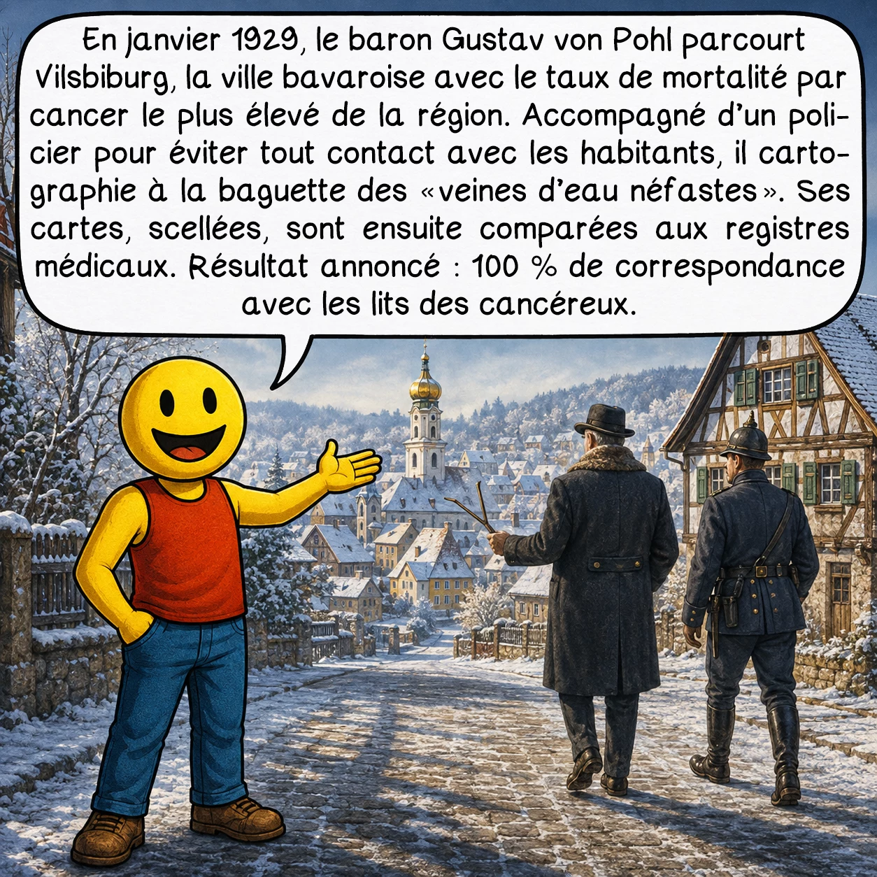 La géobiologie, case 2 : En janvier 1929, le baron Gustav von Pohl parcourt Vilsbiburg, la ville bavaroise avec le taux de mortalité par cancer le plus élevé de la région. Accompagné d’un policier pour éviter tout contact avec les habitants, il cartographie à la baguette des « veines d’eau néfastes ». Ses cartes, scellées, sont ensuite comparées aux registres médicaux. Résultat annoncé : 100 % de correspondance avec les lits des cancéreux.