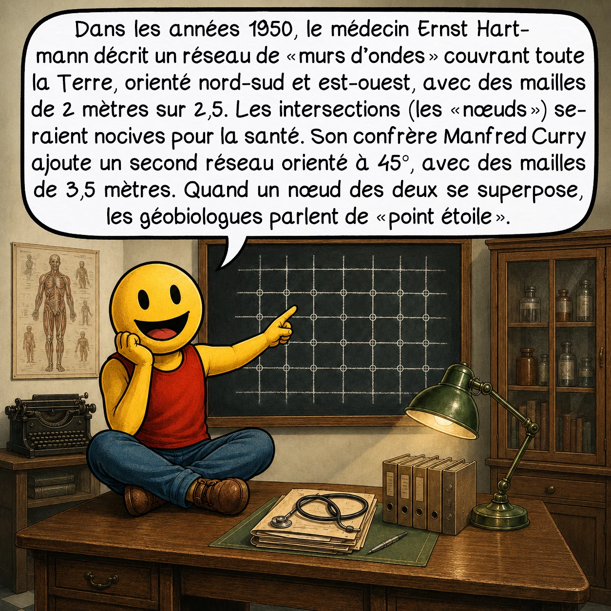 La géobiologie, case 3 : Dans les années 1950, le médecin Ernst Hartmann décrit un réseau de « murs d’ondes » couvrant toute la Terre, orienté nord-sud et est-ouest, avec des mailles de 2 mètres sur 2,5. Les intersections (les « nœuds ») seraient nocives pour la santé. Son confrère Manfred Curry ajoute un second réseau orienté à 45°, avec des mailles de 3,5 mètres. Quand un nœud des deux se superpose, les géobiologues parlent de « point étoile ».