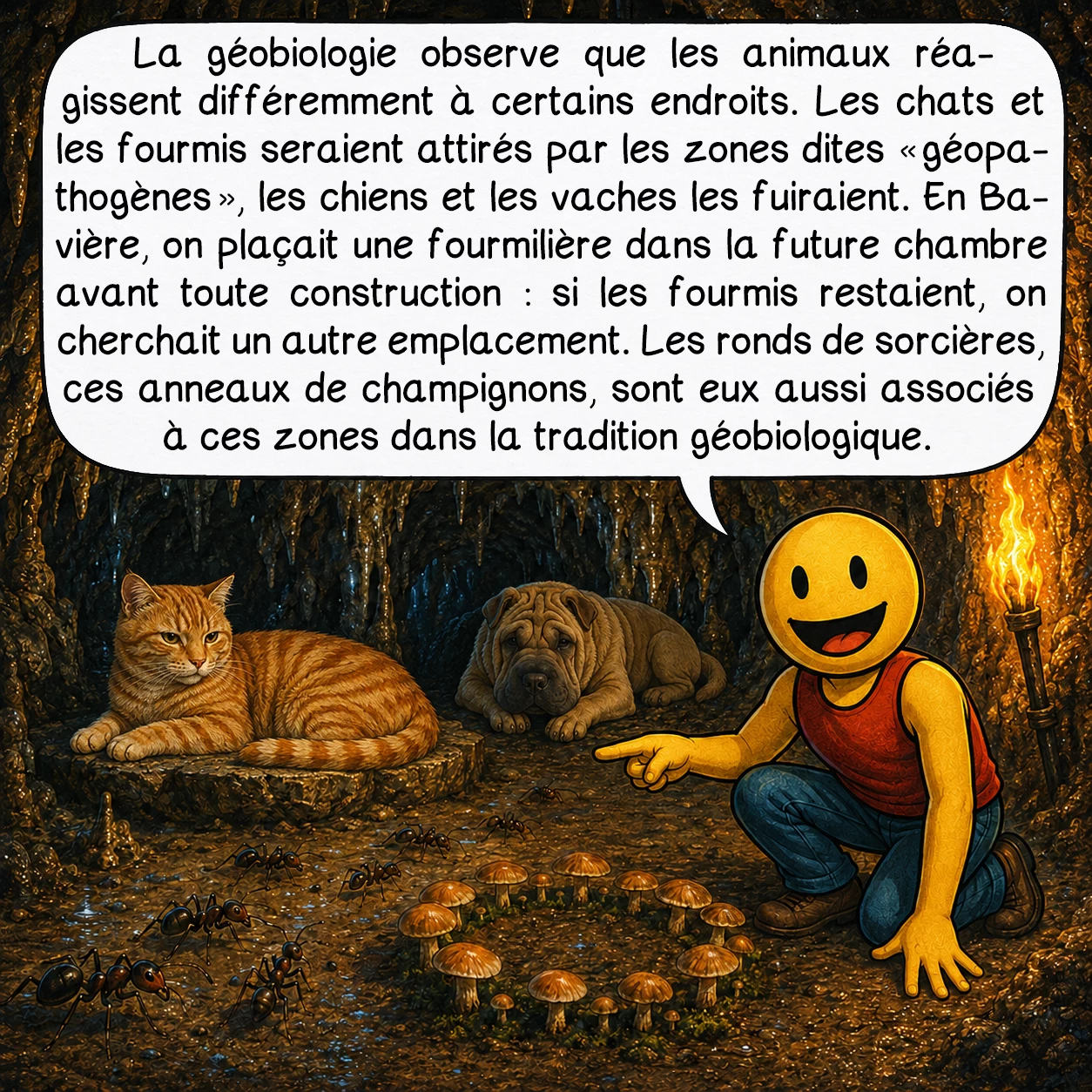 La géobiologie, case 4 : La géobiologie observe que les animaux réagissent différemment à certains endroits. Les chats et les fourmis seraient attirés par les zones dites « géopathogènes », les chiens et les vaches les fuiraient. En Bavière, on plaçait une fourmilière dans la future chambre avant toute construction : si les fourmis restaient, on cherchait un autre emplacement. Les ronds de sorcières, ces anneaux de champignons, sont eux aussi associés à ces zones dans la tradition géobiologique.
