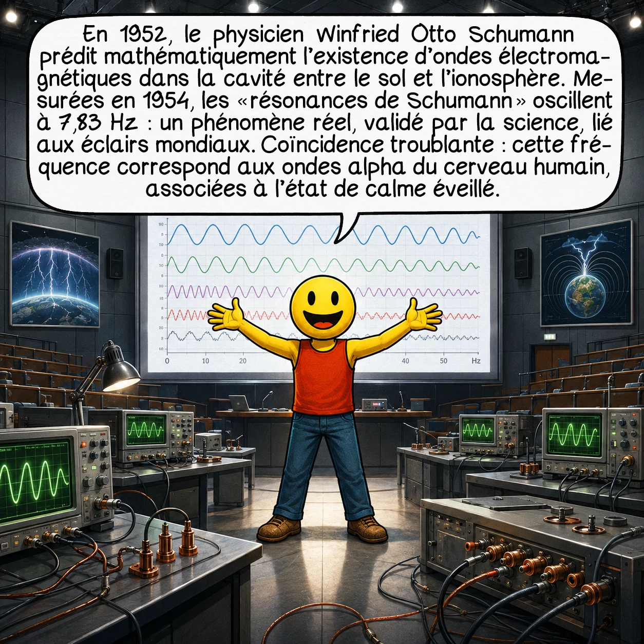 La géobiologie, case 5 : En 1952, le physicien Winfried Otto Schumann prédit mathématiquement l’existence d’ondes électromagnétiques dans la cavité entre le sol et l’ionosphère. Mesurées en 1954, les « résonances de Schumann » oscillent à 7,83 Hz : un phénomène réel, validé par la science, lié aux éclairs mondiaux. Coïncidence troublante : cette fréquence correspond aux ondes alpha du cerveau humain, associées à l’état de calme éveillé.