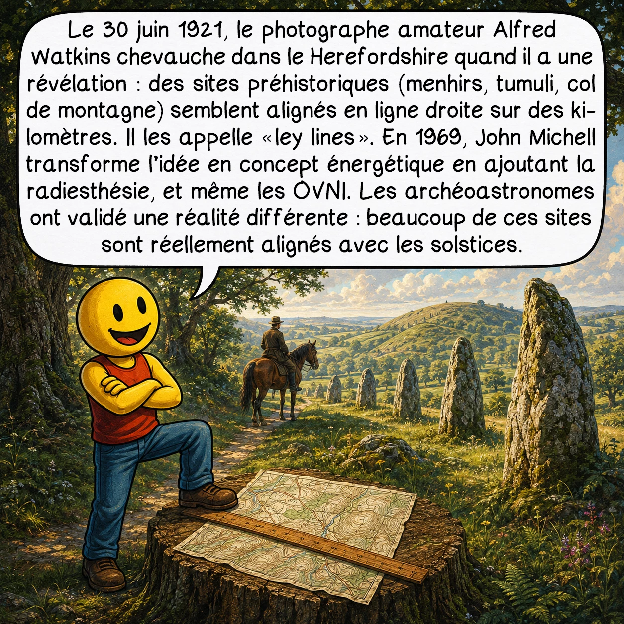 La géobiologie, case 6 : Le 30 juin 1921, le photographe amateur Alfred Watkins chevauche dans le Herefordshire quand il a une révélation : des sites préhistoriques (menhirs, tumuli, col de montagne) semblent alignés en ligne droite sur des kilomètres. Il les appelle « ley lines ». En 1969, John Michell transforme l’idée en concept énergétique en ajoutant la radiesthésie, et même les OVNI. Les archéoastronomes ont validé une réalité différente : beaucoup de ces sites sont réellement alignés avec les solstices.