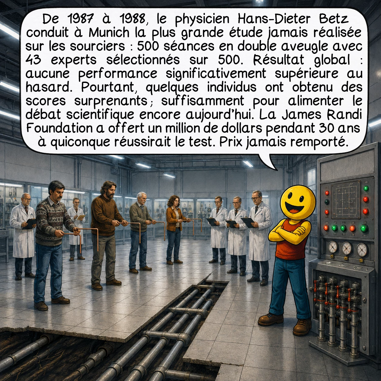 La géobiologie, case 7 : De 1987 à 1988, le physicien Hans-Dieter Betz conduit à Munich la plus grande étude jamais réalisée sur les sourciers : 500 séances en double aveugle avec 43 experts sélectionnés sur 500. Résultat global : aucune performance significativement supérieure au hasard. Pourtant, quelques individus ont obtenu des scores surprenants ; suffisamment pour alimenter le débat scientifique encore aujourd’hui. La James Randi Foundation a offert un million de dollars pendant 30 ans à quiconque réussirait le test. Prix jamais remporté.