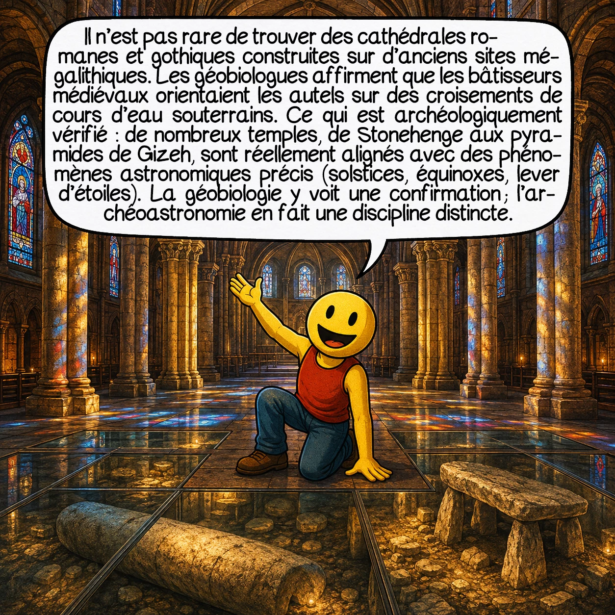 La géobiologie, case 8 : Il n’est pas rare de trouver des cathédrales romanes et gothiques construites sur d’anciens sites mégalithiques. Les géobiologues affirment que les bâtisseurs médiévaux orientaient les autels sur des croisements de cours d’eau souterrains. Ce qui est archéologiquement vérifié : de nombreux temples, de Stonehenge aux pyramides de Gizeh, sont réellement alignés avec des phénomènes astronomiques précis (solstices, équinoxes, lever d’étoiles). La géobiologie y voit une confirmation ; l’archéoastronomie en fait une discipline distincte.