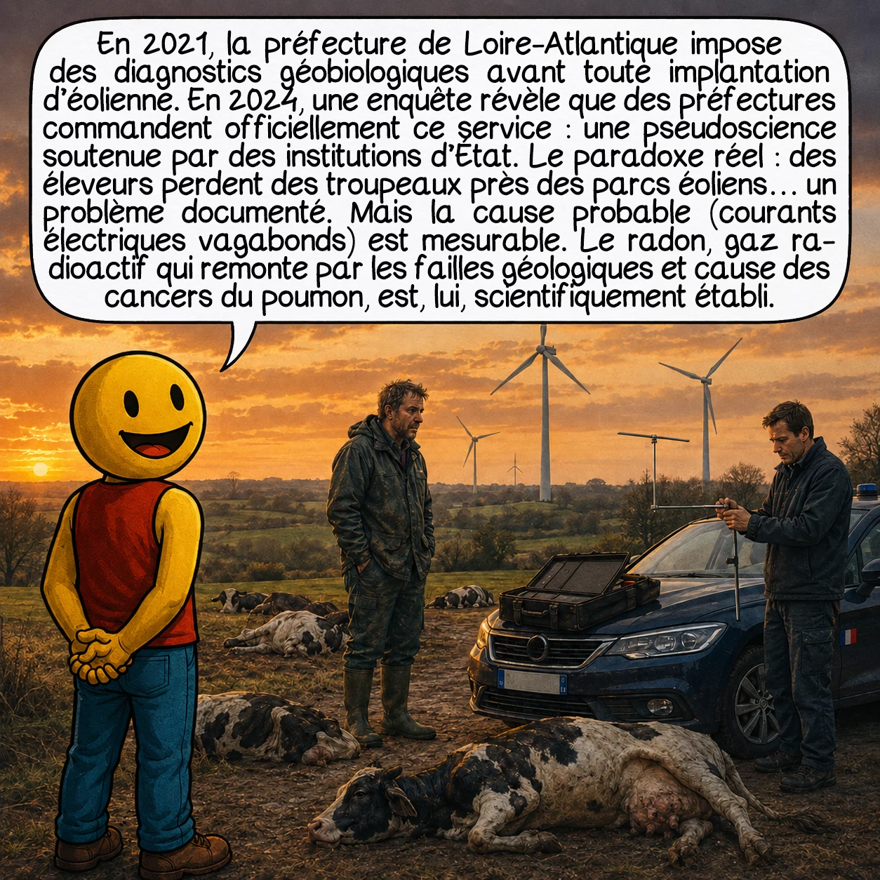 La géobiologie, case 9 : En 2021, la préfecture de Loire-Atlantique impose des diagnostics géobiologiques avant toute implantation d’éolienne. En 2024, une enquête révèle que des préfectures commandent officiellement ce service : une pseudoscience soutenue par des institutions d’État. Le paradoxe réel : des éleveurs perdent des troupeaux près des parcs éoliens… un problème documenté. Mais la cause probable (courants électriques vagabonds) est mesurable. Le radon, gaz radioactif qui remonte par les failles géologiques et cause des cancers du poumon, est, lui, scientifiquement établi.