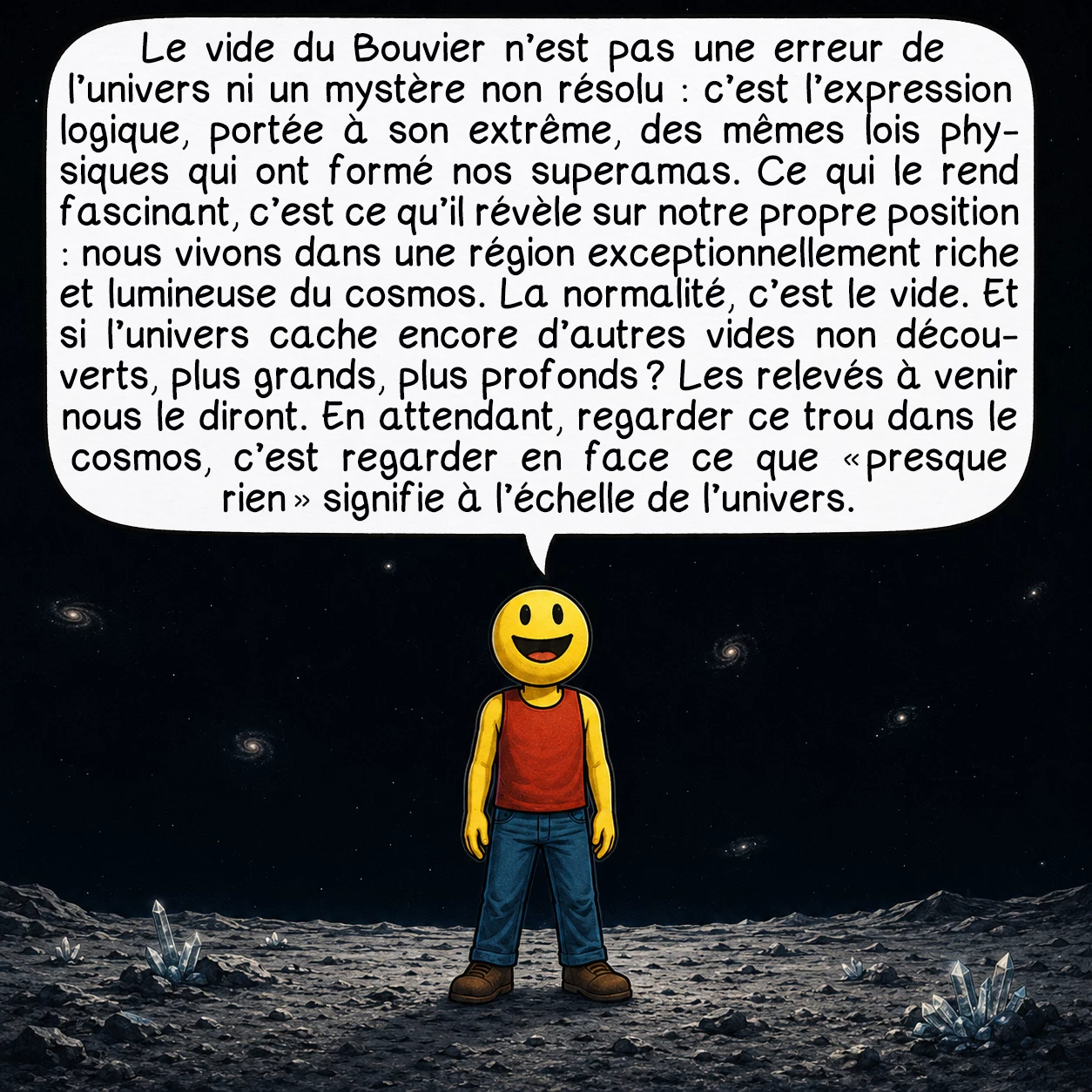 Le vide du Bouvier, case 10 : Le vide du Bouvier n’est pas une erreur de l’univers ni un mystère non résolu : c’est l’expression logique, portée à son extrême, des mêmes lois physiques qui ont formé nos superamas. Ce qui le rend fascinant, c’est ce qu’il révèle sur notre propre position : nous vivons dans une région exceptionnellement riche et lumineuse du cosmos. La normalité, c’est le vide. Et si l’univers cache encore d’autres vides non découverts, plus grands, plus profonds ? Les relevés à venir nous le diront. En attendant, regarder ce trou dans le cosmos, c’est regarder en face ce que « presque rien » signifie à l’échelle de l’univers.