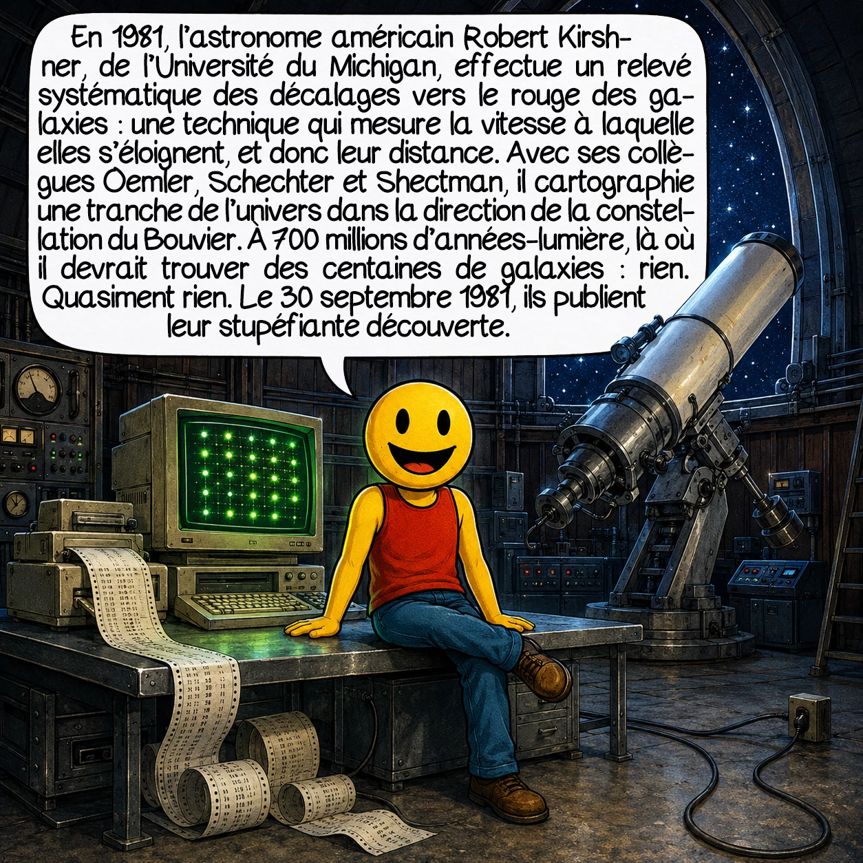 Le vide du Bouvier, case 2 : En 1981, l’astronome américain Robert Kirshner, de l’Université du Michigan, effectue un relevé systématique des décalages vers le rouge des galaxies : une technique qui mesure la vitesse à laquelle elles s’éloignent, et donc leur distance. Avec ses collègues Oemler, Schechter et Shectman, il cartographie une tranche de l’univers dans la direction de la constellation du Bouvier. À 700 millions d’années-lumière, là où il devrait trouver des centaines de galaxies : rien. Quasiment rien. Le 30 septembre 1981, ils publient leur stupéfiante découverte.