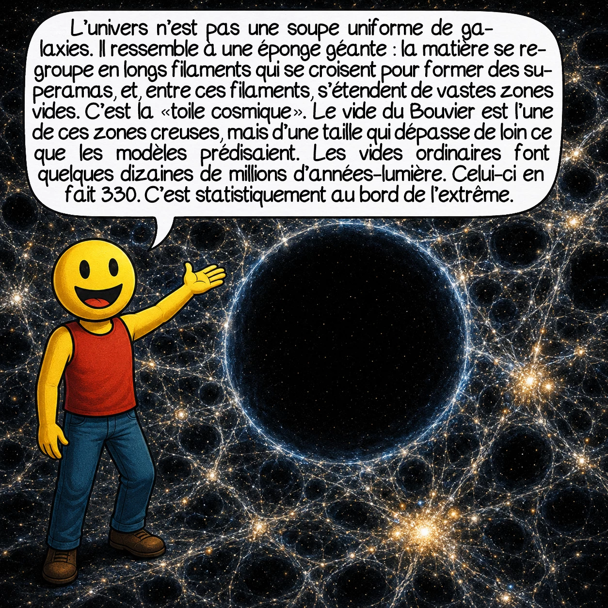 Le vide du Bouvier, case 3 : L’univers n’est pas une soupe uniforme de galaxies. Il ressemble à une éponge géante : la matière se regroupe en longs filaments qui se croisent pour former des superamas, et, entre ces filaments, s’étendent de vastes zones vides. C’est la « toile cosmique ». Le vide du Bouvier est l’une de ces zones creuses, mais d’une taille qui dépasse de loin ce que les modèles prédisaient. Les vides ordinaires font quelques dizaines de millions d’années-lumière. Celui-ci en fait 330. C’est statistiquement au bord de l’extrême.