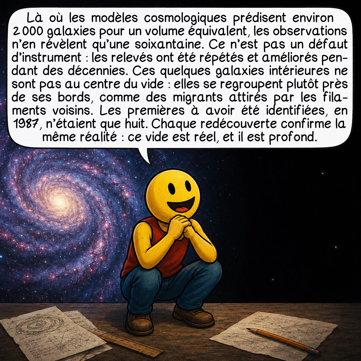 Le vide du Bouvier, case 4 : Là où les modèles cosmologiques prédisent environ 2 000 galaxies pour un volume équivalent, les observations n’en révèlent qu’une soixantaine. Ce n’est pas un défaut d’instrument : les relevés ont été répétés et améliorés pendant des décennies. Ces quelques galaxies intérieures ne sont pas au centre du vide : elles se regroupent plutôt près de ses bords, comme des migrants attirés par les filaments voisins. Les premières à avoir été identifiées, en 1987, n’étaient que huit. Chaque redécouverte confirme la même réalité : ce vide est réel, et il est profond.