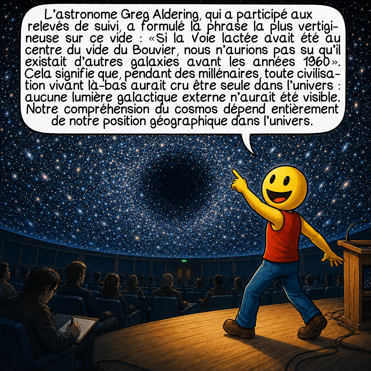Le vide du Bouvier, case 5 : L’astronome Greg Aldering, qui a participé aux relevés de suivi, a formulé la phrase la plus vertigineuse sur ce vide : « Si la Voie lactée avait été au centre du vide du Bouvier, nous n’aurions pas su qu’il existait d’autres galaxies avant les années 1960. » Cela signifie que, pendant des millénaires, toute civilisation vivant là-bas aurait cru être seule dans l’univers — aucune lumière galactique externe n’aurait été visible. Notre compréhension du cosmos dépend entièrement de notre position géographique dans l’univers.