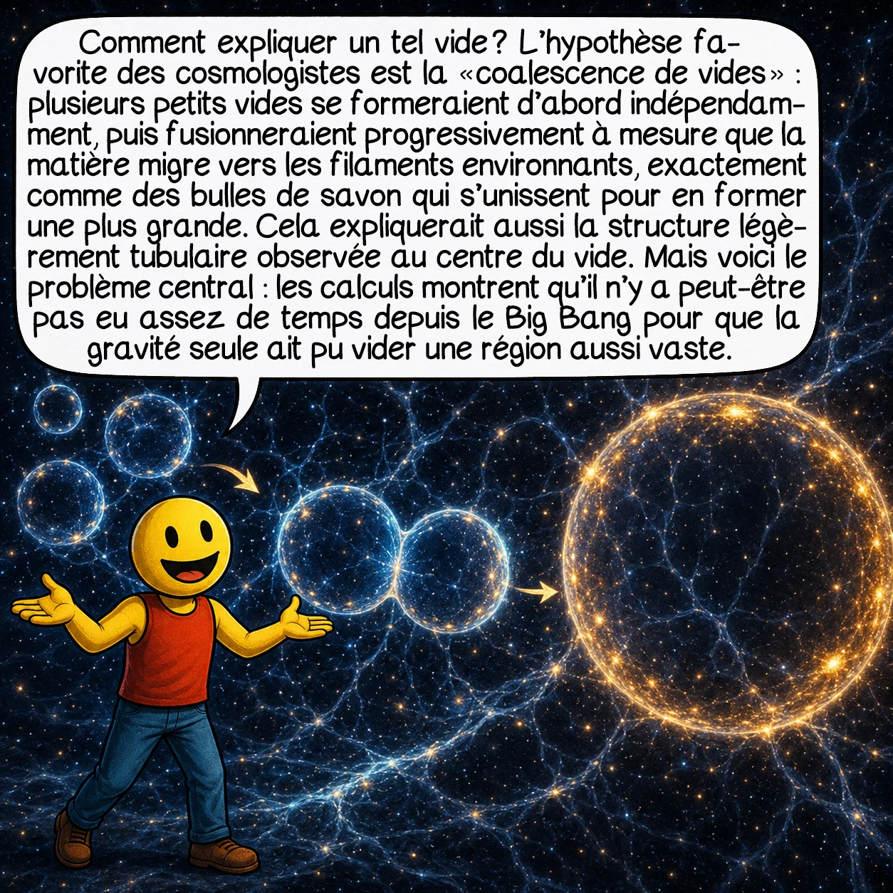 Le vide du Bouvier, case 6 : Comment expliquer un tel vide ? L’hypothèse favorite des cosmologistes est la « coalescence de vides » : plusieurs petits vides se formeraient d’abord indépendamment, puis fusionneraient progressivement à mesure que la matière migre vers les filaments environnants, exactement comme des bulles de savon qui s’unissent pour en former une plus grande. Cela expliquerait aussi la structure légèrement tubulaire observée au centre du vide. Mais voici le problème central : les calculs montrent qu’il n’y a peut-être pas eu assez de temps depuis le Big Bang pour que la gravité seule ait pu vider une région aussi vaste.