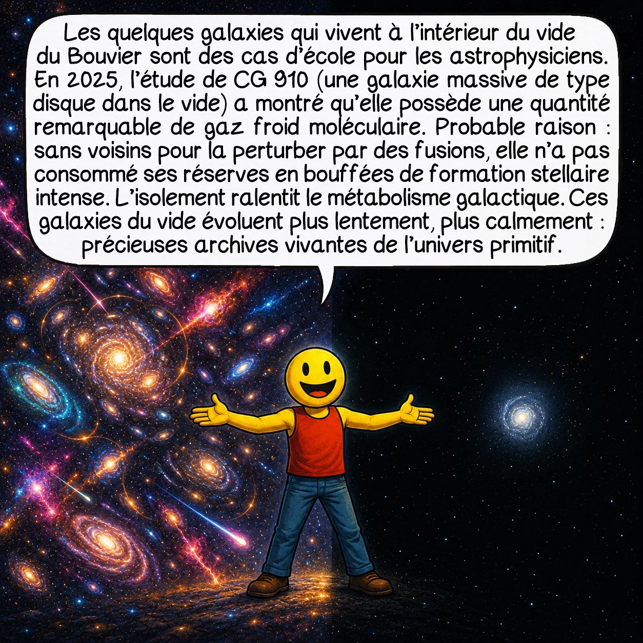 Le vide du Bouvier, case 7 : Les quelques galaxies qui vivent à l’intérieur du vide du Bouvier sont des cas d’école pour les astrophysiciens. En 2025, l’étude de CG 910 (une galaxie massive de type disque dans le vide) a montré qu’elle possède une quantité remarquable de gaz froid moléculaire. Probable raison : sans voisins pour la perturber par des fusions, elle n’a pas consommé ses réserves en bouffées de formation stellaire intense. L’isolement ralentit le métabolisme galactique. Ces galaxies du vide évoluent plus lentement, plus calmement : précieuses archives vivantes de l’univers primitif.