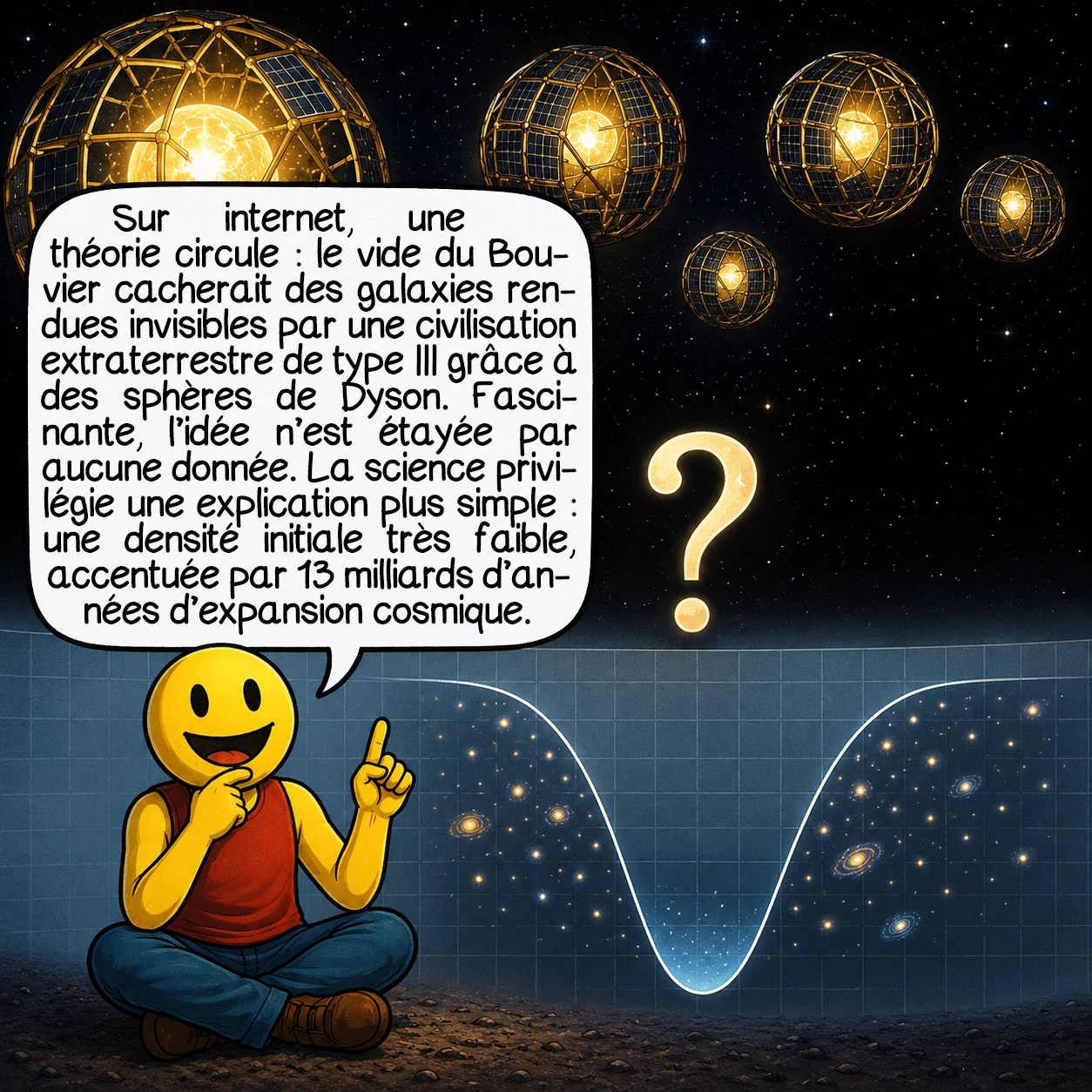 Le vide du Bouvier, case 8 : Sur internet, une théorie circule : et si le vide du Bouvier était le résultat d’une civilisation extraterrestre de type III, capable de harnacher l’énergie de galaxies entières via des sphères de Dyson, les rendant invisibles ? Cette idée est fascinante à imaginer, mais aucune donnée ne la soutient. Les signatures thermiques, les rayonnements résiduels ou les anomalies de lentilles gravitationnelles qui devraient en résulter sont absents. La science préfère l’hypothèse plus sobre : une fluctuation de densité initiale anormalement basse, amplifiée par 13 milliards d’années d’expansion cosmique.