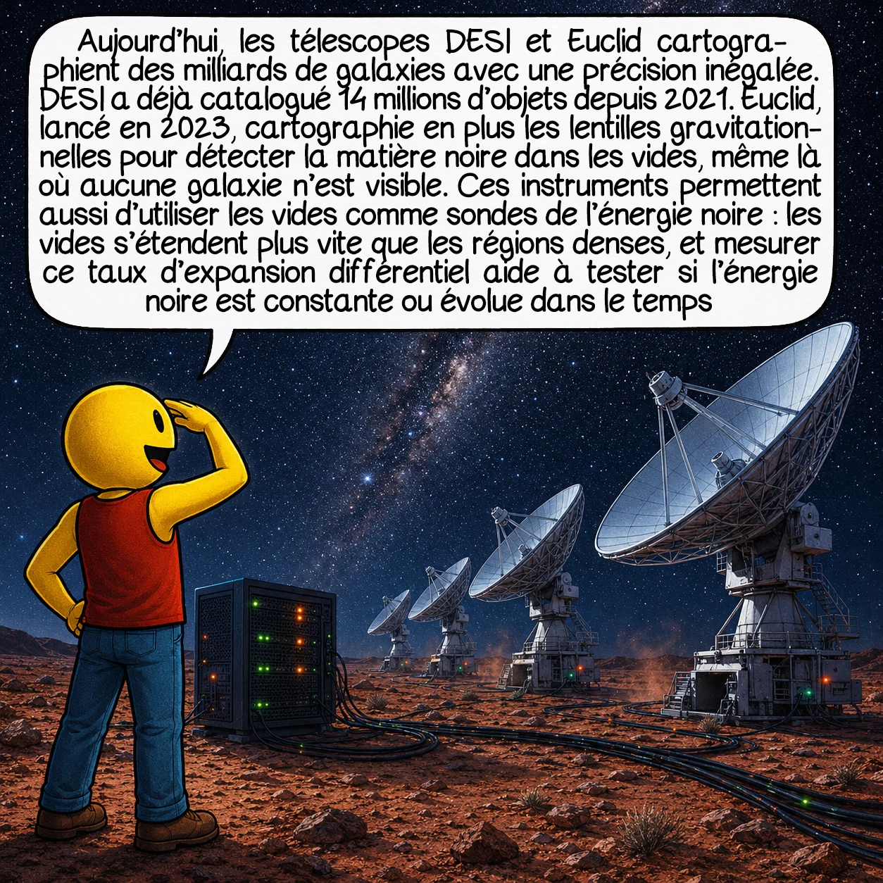Le vide du Bouvier, case 9 : Aujourd’hui, les télescopes DESI et Euclid cartographient des milliards de galaxies avec une précision inégalée. DESI a déjà catalogué 14 millions d’objets depuis 2021. Euclid, lancé en 2023, cartographie en plus les lentilles gravitationnelles pour détecter la matière noire dans les vides, même là où aucune galaxie n’est visible. Ces instruments permettent aussi d’utiliser les vides comme sondes de l’énergie noire : les vides s’étendent plus vite que les régions denses, et mesurer ce taux d’expansion différentiel aide à tester si l’énergie noire est constante ou évolue dans le temps.