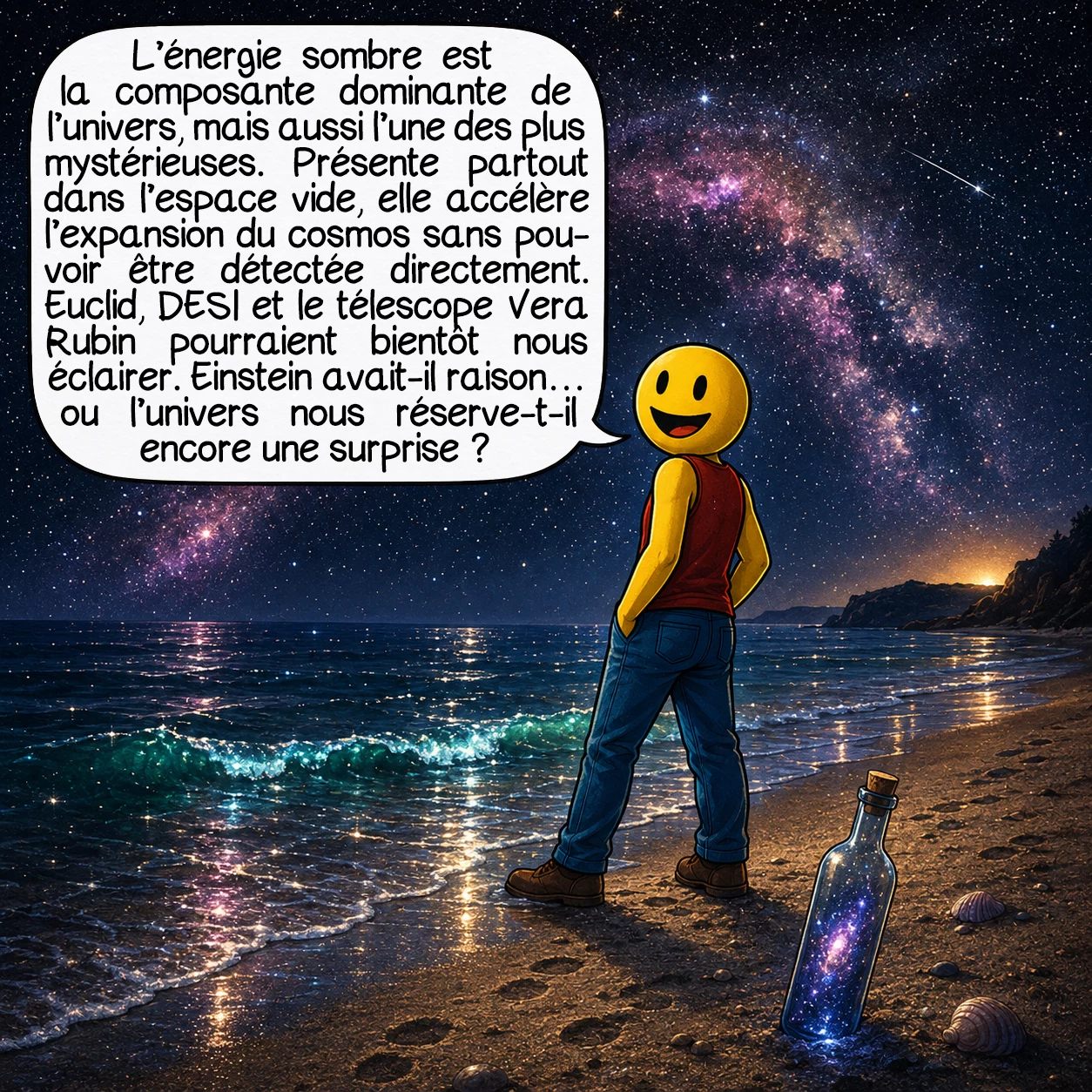 L’énergie sombre, case 10 : L’énergie sombre est à la fois la chose la plus réelle de l’univers : elle en est la composante dominante, et la moins comprise. Elle occupe chaque mètre cube d’espace vide, elle accélère le cosmos depuis des milliards d’années, et pourtant, aucun instrument ne peut la saisir directement. Euclid, DESI, le futur télescope Vera Rubin vont nous donner des réponses dans les dix prochaines années. Peut-être qu’Einstein avait finalement tout compris… ou peut-être que l’univers nous réserve encore une surprise.