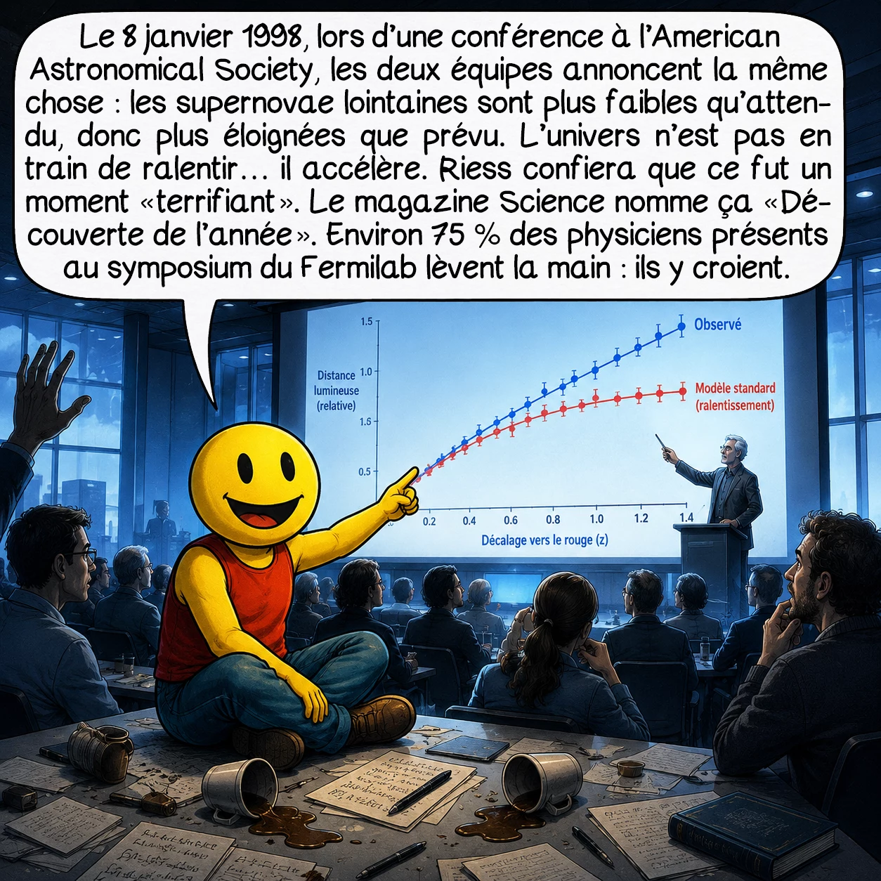 L’énergie sombre, case 4 : Le 8 janvier 1998, lors d’une conférence à l’American Astronomical Society, les deux équipes annoncent la même chose : les supernovae lointaines sont plus faibles qu’attendu, donc plus éloignées que prévu. L’univers n’est pas en train de ralentir… il accélère. Riess confiera que ce fut un moment « terrifiant ». Le magazine Science nomme ça « Découverte de l’année ». Environ 75 % des physiciens présents au symposium du Fermilab lèvent la main : ils y croient.