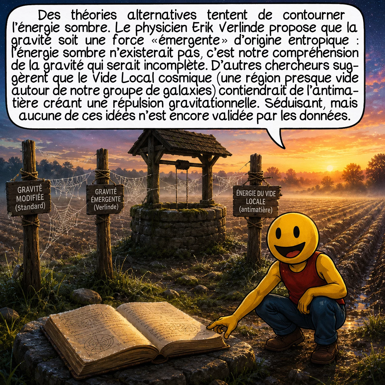 L’énergie sombre, case 8 : Des théories alternatives tentent de contourner l’énergie sombre. Le physicien Erik Verlinde propose que la gravité soit une force « émergente » d’origine entropique : l’énergie sombre n’existerait pas, c’est notre compréhension de la gravité qui serait incomplète. D’autres chercheurs suggèrent que le Vide Local cosmique (une région presque vide autour de notre groupe de galaxies) contiendrait de l’antimatière créant une répulsion gravitationnelle. Séduisant, mais aucune de ces idées n’est encore validée par les données.