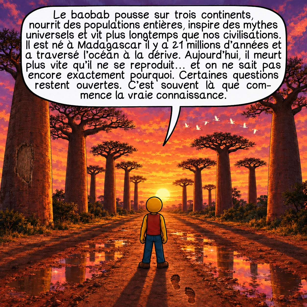 Le baobab, case 10 : Le baobab pousse sur trois continents, nourrit des populations entières, inspire des mythes universels et vit plus longtemps que nos civilisations. Il est né à Madagascar il y a 21 millions d’années et a traversé l’océan à la dérive. Aujourd’hui, il meurt plus vite qu’il ne se reproduit… et on ne sait pas encore exactement pourquoi. Certaines questions restent ouvertes. C’est souvent là que commence la vraie connaissance.
