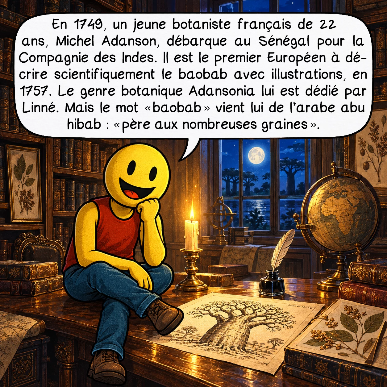 Le baobab, case 2 : En 1749, un jeune botaniste français de 22 ans, Michel Adanson, débarque au Sénégal pour la Compagnie des Indes. Il est le premier Européen à décrire scientifiquement le baobab avec illustrations, en 1757. Le genre botanique Adansonia lui est dédié par Linné. Mais le mot « baobab » vient lui de l’arabe abu hibab : « père aux nombreuses graines ».