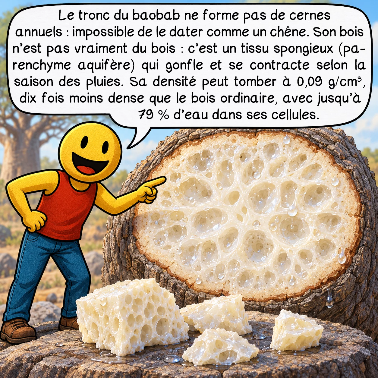 Le baobab, case 3 : Le tronc du baobab ne forme pas de cernes annuels : impossible de le dater comme un chêne. Son bois n’est pas vraiment du bois : c’est un tissu spongieux (parenchyme aquifère) qui gonfle et se contracte selon la saison des pluies. Sa densité peut tomber à 0,09 g/cm³, dix fois moins dense que le bois ordinaire, avec jusqu’à 79 % d’eau dans ses cellules.