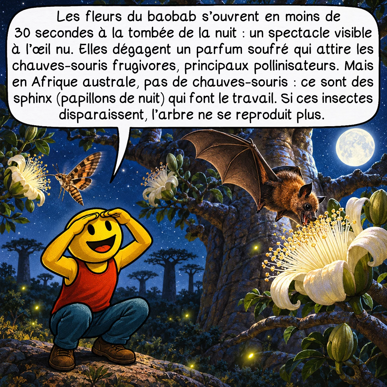 Le baobab, case 4 : Les fleurs du baobab s’ouvrent en moins de 30 secondes à la tombée de la nuit : un spectacle visible à l’œil nu. Elles dégagent un parfum soufré qui attire les chauves-souris frugivores, principaux pollinisateurs. Mais en Afrique australe, pas de chauves-souris : ce sont des sphinx (papillons de nuit) qui font le travail. Si ces insectes disparaissent, l’arbre ne se reproduit plus.
