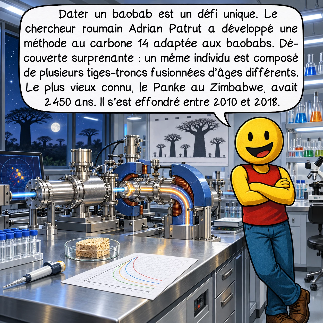 Le baobab, case 5 : Dater un baobab est un défi unique. Le chercheur roumain Adrian Patrut a développé une méthode au carbone 14 adaptée aux baobabs. Découverte surprenante : un même individu est composé de plusieurs tiges-troncs fusionnées d’âges différents. Le plus vieux connu, le Panke au Zimbabwe, avait 2 450 ans. Il s’est effondré entre 2010 et 2018.