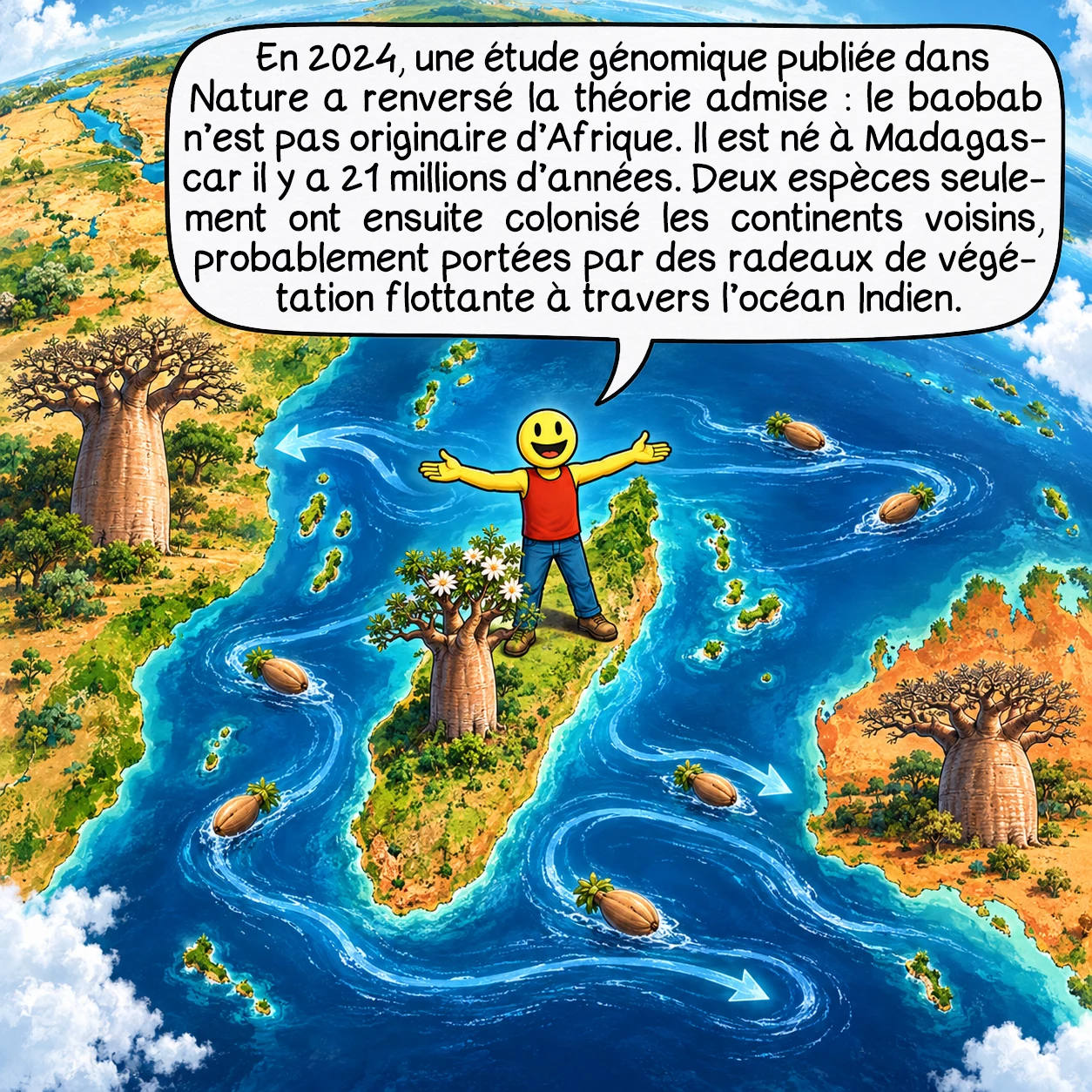 Le baobab, case 6 : En 2024, une étude génomique publiée dans Nature a renversé la théorie admise : le baobab n’est pas originaire d’Afrique. Il est né à Madagascar il y a 21 millions d’années. Deux espèces seulement ont ensuite colonisé les continents voisins, probablement portées par des radeaux de végétation flottante à travers l’océan Indien.
