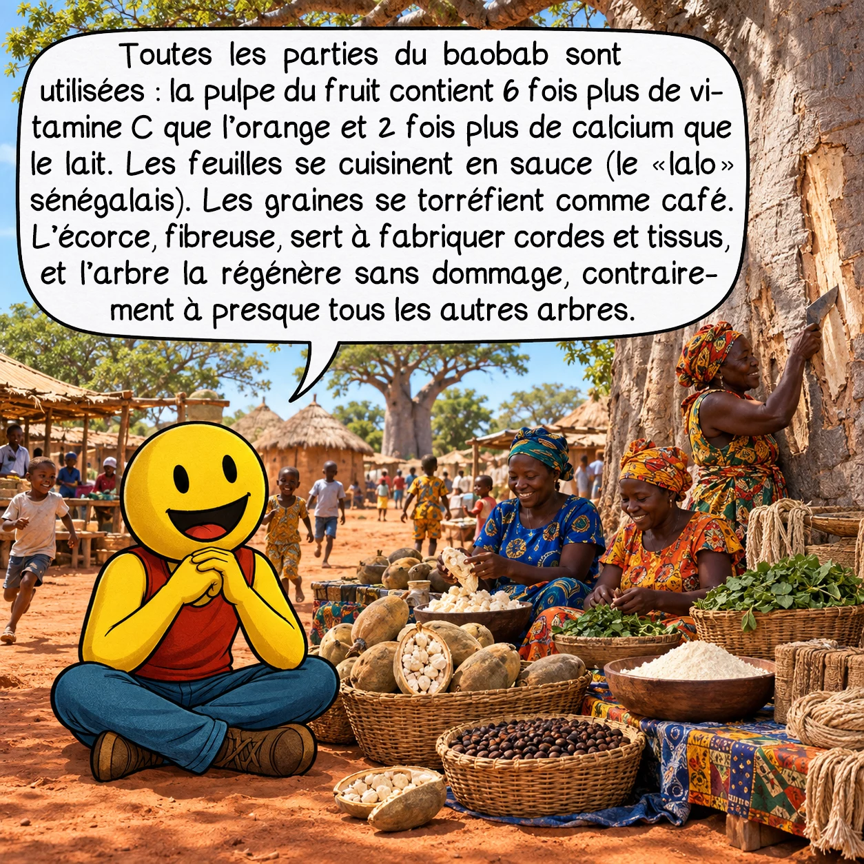 Le baobab, case 7 : Toutes les parties du baobab sont utilisées : la pulpe du fruit contient 6 fois plus de vitamine C que l’orange et 2 fois plus de calcium que le lait. Les feuilles se cuisinent en sauce (le « lalo » sénégalais). Les graines se torréfient comme café. L’écorce, fibreuse, sert à fabriquer cordes et tissus, et l’arbre la régénère sans dommage, contrairement à presque tous les autres arbres.