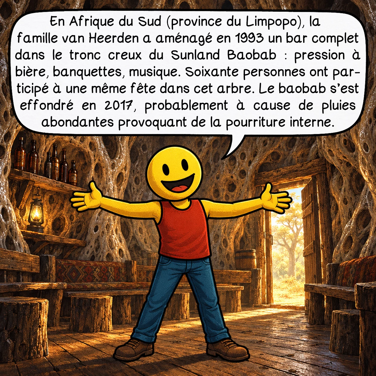 Le baobab, case 8 : En Afrique du Sud (province du Limpopo), la famille van Heerden a aménagé en 1993 un bar complet dans le tronc creux du Sunland Baobab : pression à bière, banquettes, musique. Soixante personnes ont participé à une même fête dans cet arbre. Le baobab s’est effondré en 2017, probablement à cause de pluies abondantes provoquant de la pourriture interne.