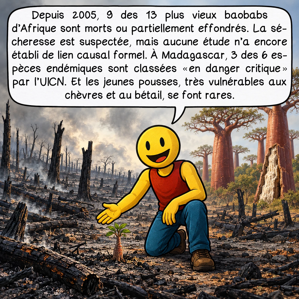Le baobab, case 9 : Depuis 2005, 9 des 13 plus vieux baobabs d’Afrique sont morts ou partiellement effondrés. La sécheresse est suspectée, mais aucune étude n’a encore établi de lien causal formel. À Madagascar, 3 des 6 espèces endémiques sont classées « en danger critique » par l’UICN. Et les jeunes pousses, très vulnérables aux chèvres et au bétail, se font rares.