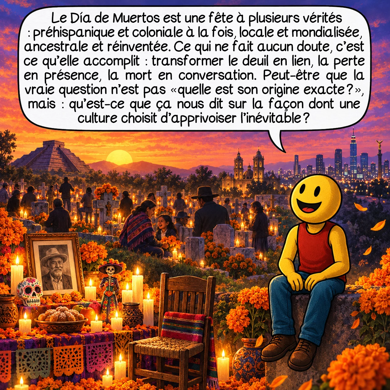 Le Jour des morts, case 10 : Le Día de Muertos est une fête à plusieurs vérités : préhispanique et coloniale à la fois, locale et mondialisée, ancestrale et réinventée. Ce qui ne fait aucun doute, c’est ce qu’elle accomplit : transformer le deuil en lien, la perte en présence, la mort en conversation. Peut-être que la vraie question n’est pas « quelle est son origine exacte ? », mais : qu’est-ce que ça nous dit sur la façon dont une culture choisit d’apprivoiser l’inévitable ?