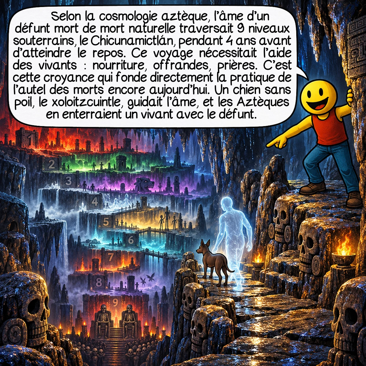 Le Jour des morts, case 3 : Selon la cosmologie aztèque, l’âme d’un défunt mort de mort naturelle traversait 9 niveaux souterrains, le Chicunamictlán, pendant 4 ans avant d’atteindre le repos. Ce voyage nécessitait l’aide des vivants : nourriture, offrandes, prières. C’est cette croyance qui fonde directement la pratique de l’autel des morts encore aujourd’hui. Un chien sans poil, le xoloitzcuintle, guidait l’âme, et les Aztèques en enterraient un vivant avec le défunt.