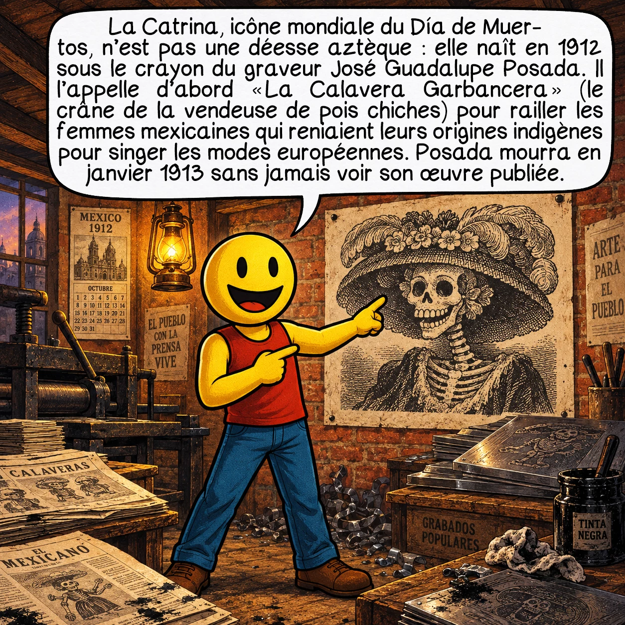Le Jour des morts, case 4 : La Catrina, icône mondiale du Día de Muertos, n’est pas une déesse aztèque : elle naît en 1912 sous le crayon du graveur José Guadalupe Posada. Il l’appelle d’abord « La Calavera Garbancera » (le crâne de la vendeuse de pois chiches) pour railler les femmes mexicaines qui reniaient leurs origines indigènes pour singer les modes européennes. Posada mourra en janvier 1913 sans jamais voir son œuvre publiée.